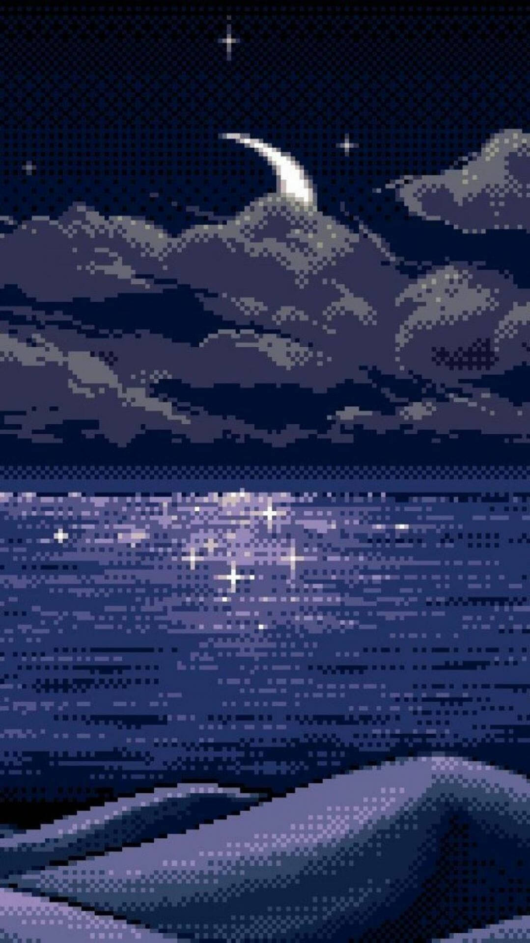 像素藝術夜景 月亮 星星 海洋 山脈