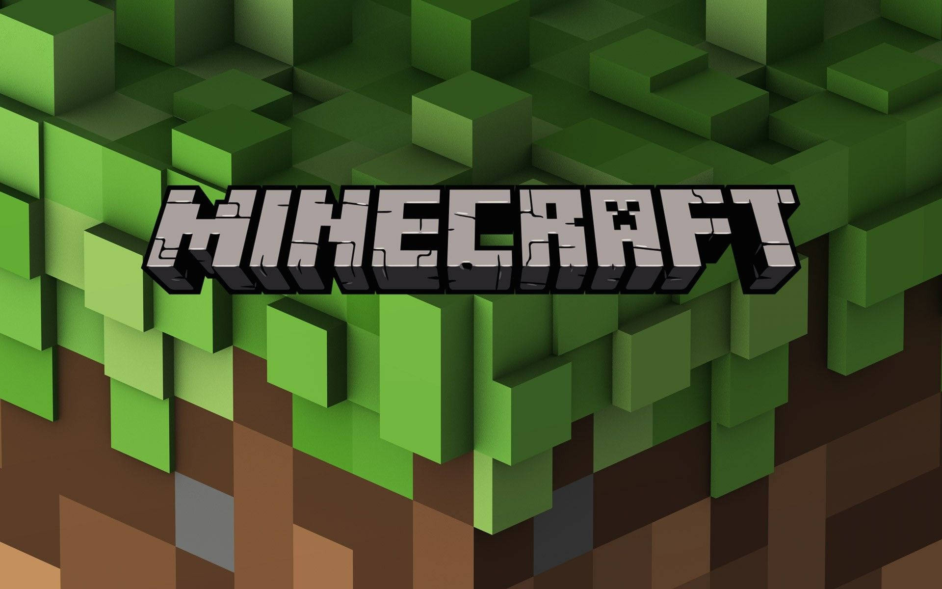 高畫質我的世界標誌 壁紙 — Minecraft 標誌從一個方塊狀的綠色草地小山丘中浮現，下方是像素化的泥土。