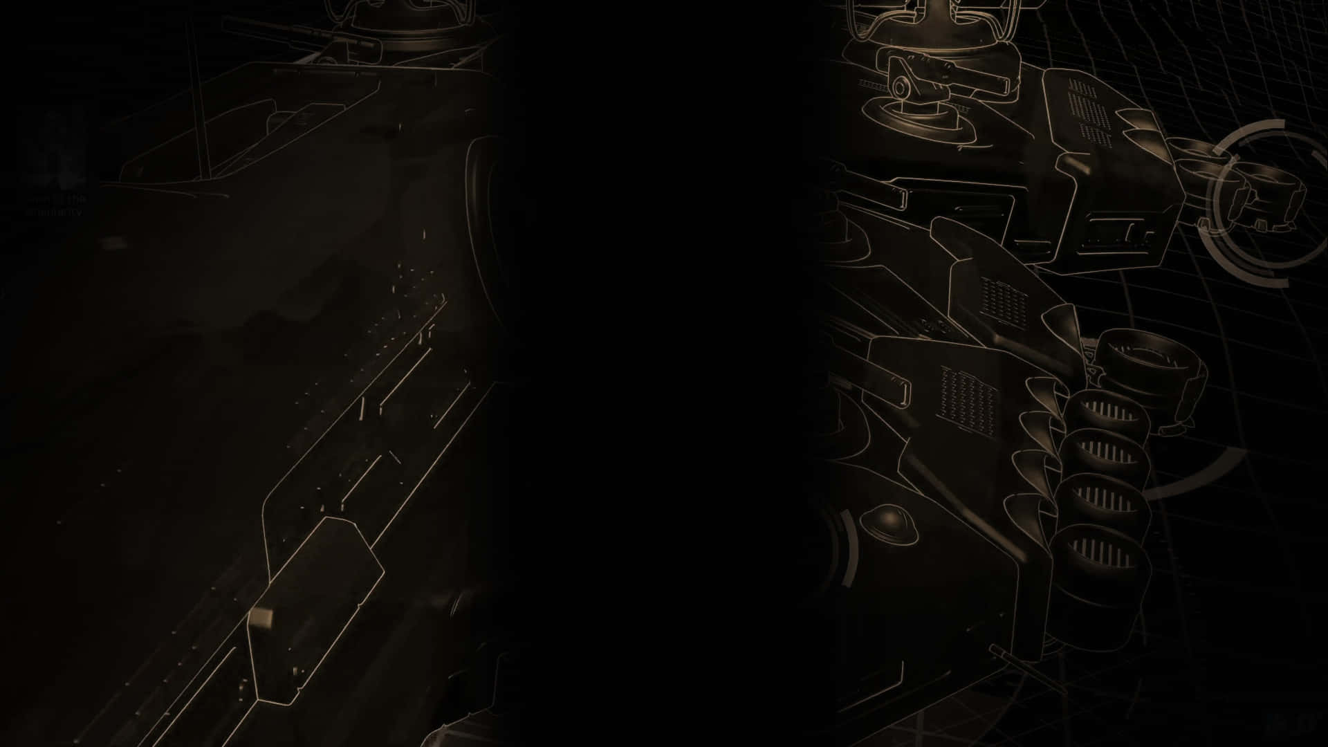 高畫質戰略對決：《奇異點灰燼：升級版》 壁紙 — 黑色背景上以發光金色線條勾勒的黑暗未來機械組件。