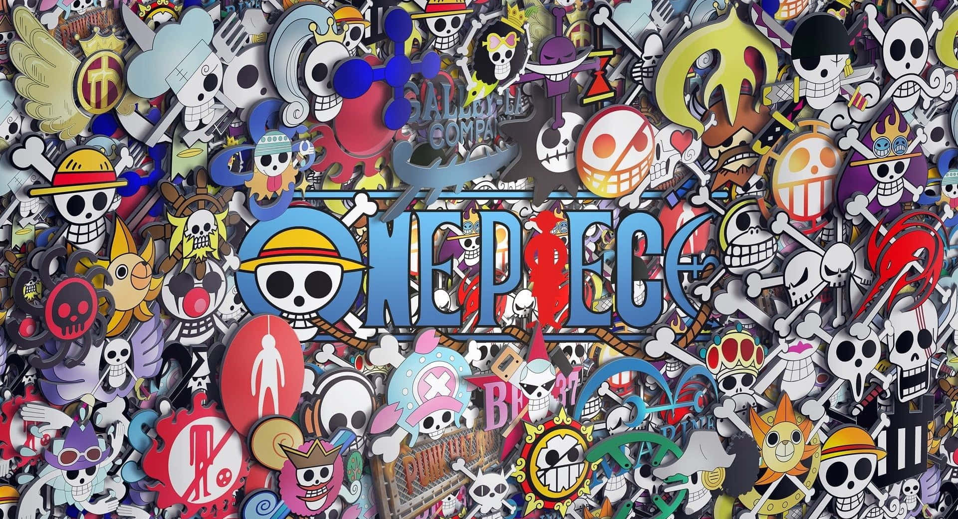 One Piece動畫標誌被海盜主題的角色和符號包圍。