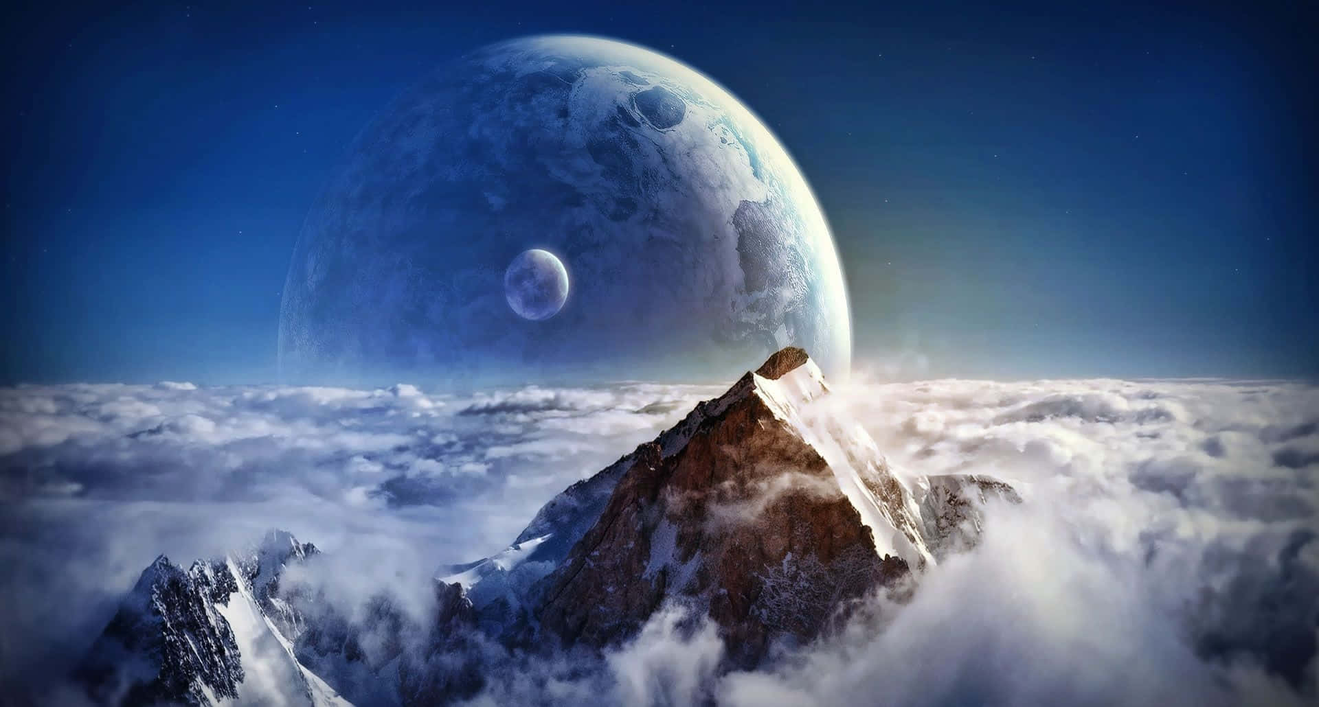 雲層上的白雪山峰，天空中有巨大的藍色行星和月亮。