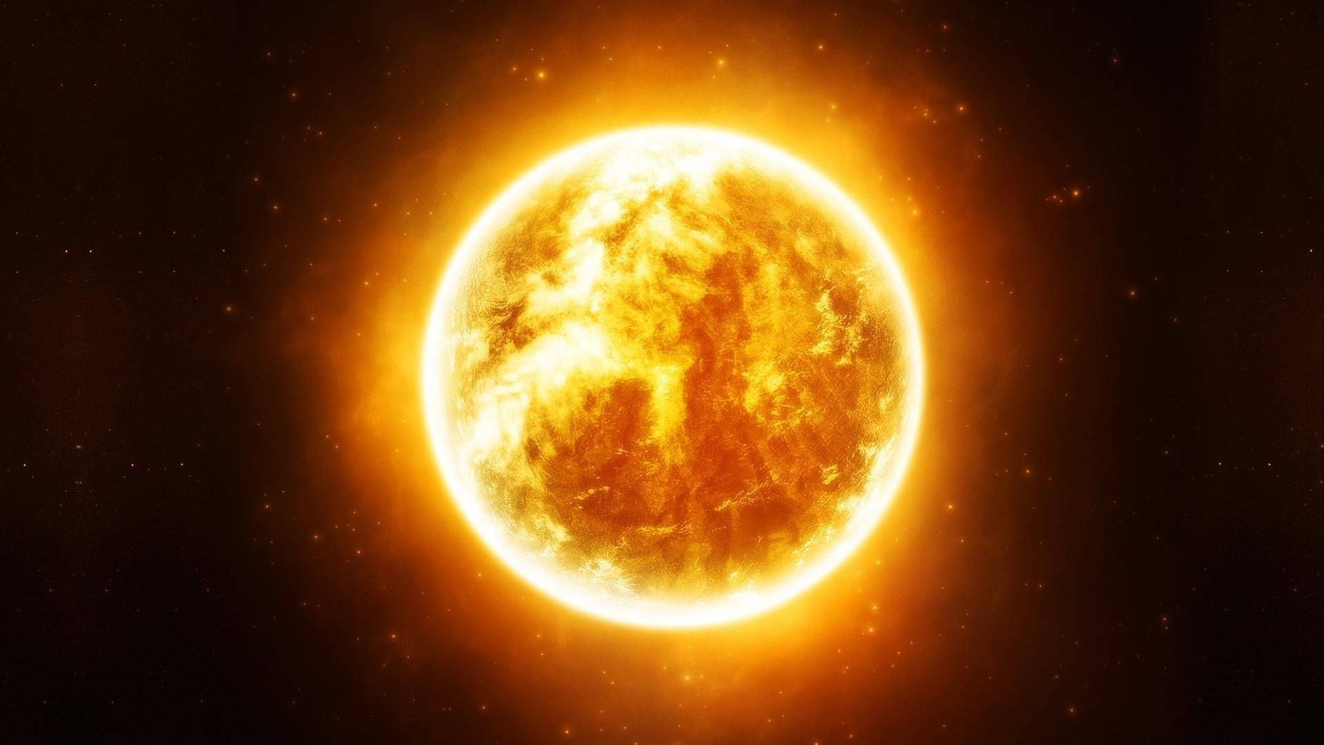 一顆在太空中發光的火熱太陽，周圍環繞著遙遠的星星。