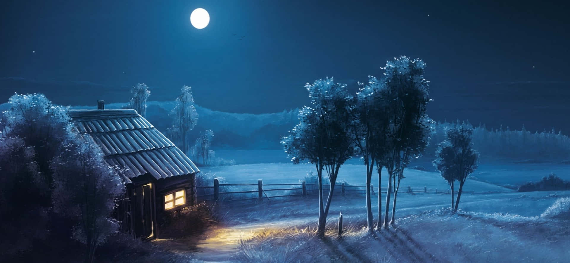 舒適小屋，溫暖燈光在雪地中閃耀，滿月當空