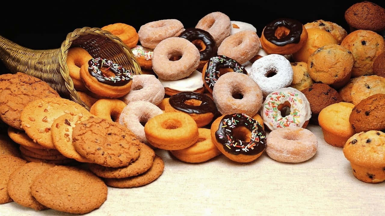 各種烘焙食品，包括甜甜圈、曲奇和鬆餅，從籃子裡溢出。