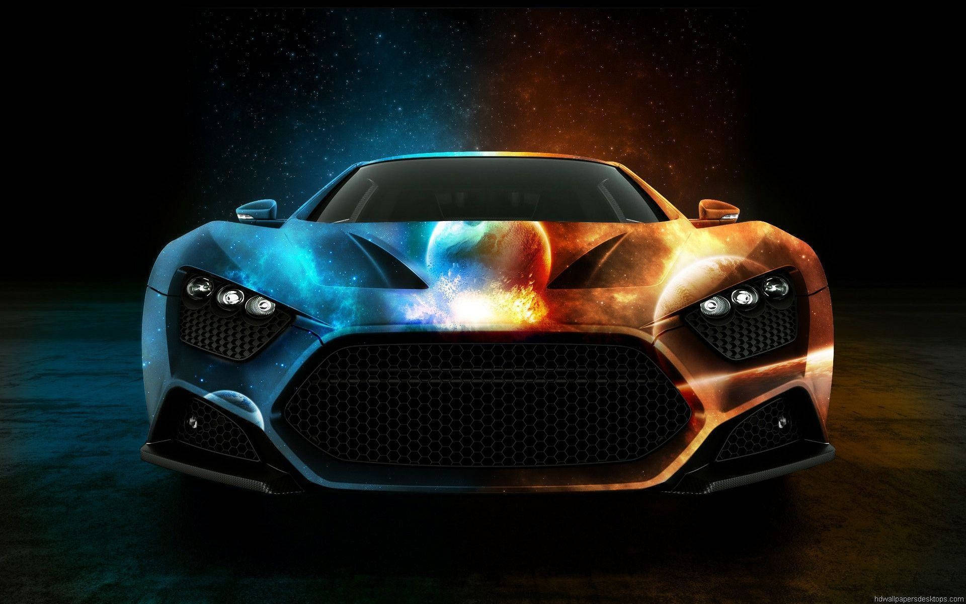 高畫質雙色賽車 壁紙 — 一款未來主義跑車，帶有宇宙星系設計，在黑暗背景下發光。