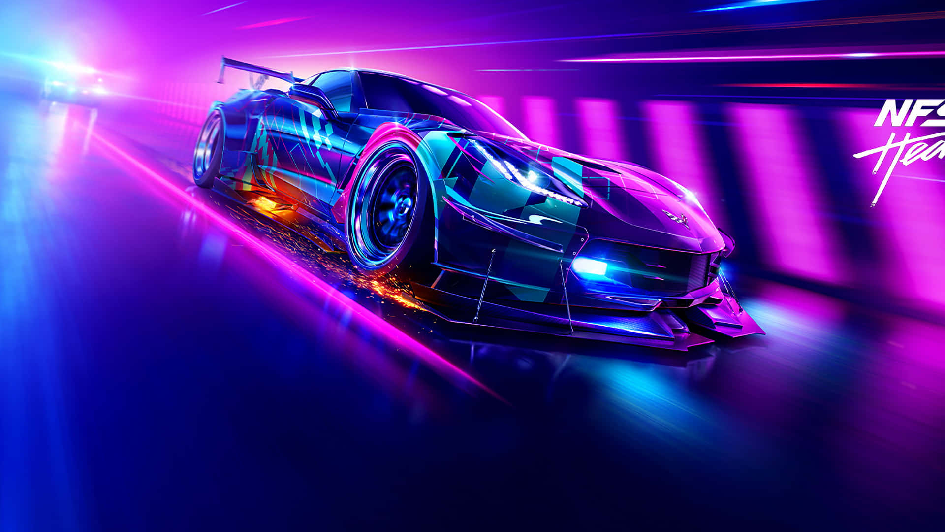 高畫質高速衝刺 - 《Need for Speed Heat》背景 壁紙 — 一架時尚的未來賽車在霓虹燈隧道中疾馳，充滿活力的紫色和藍色燈光掠過。
