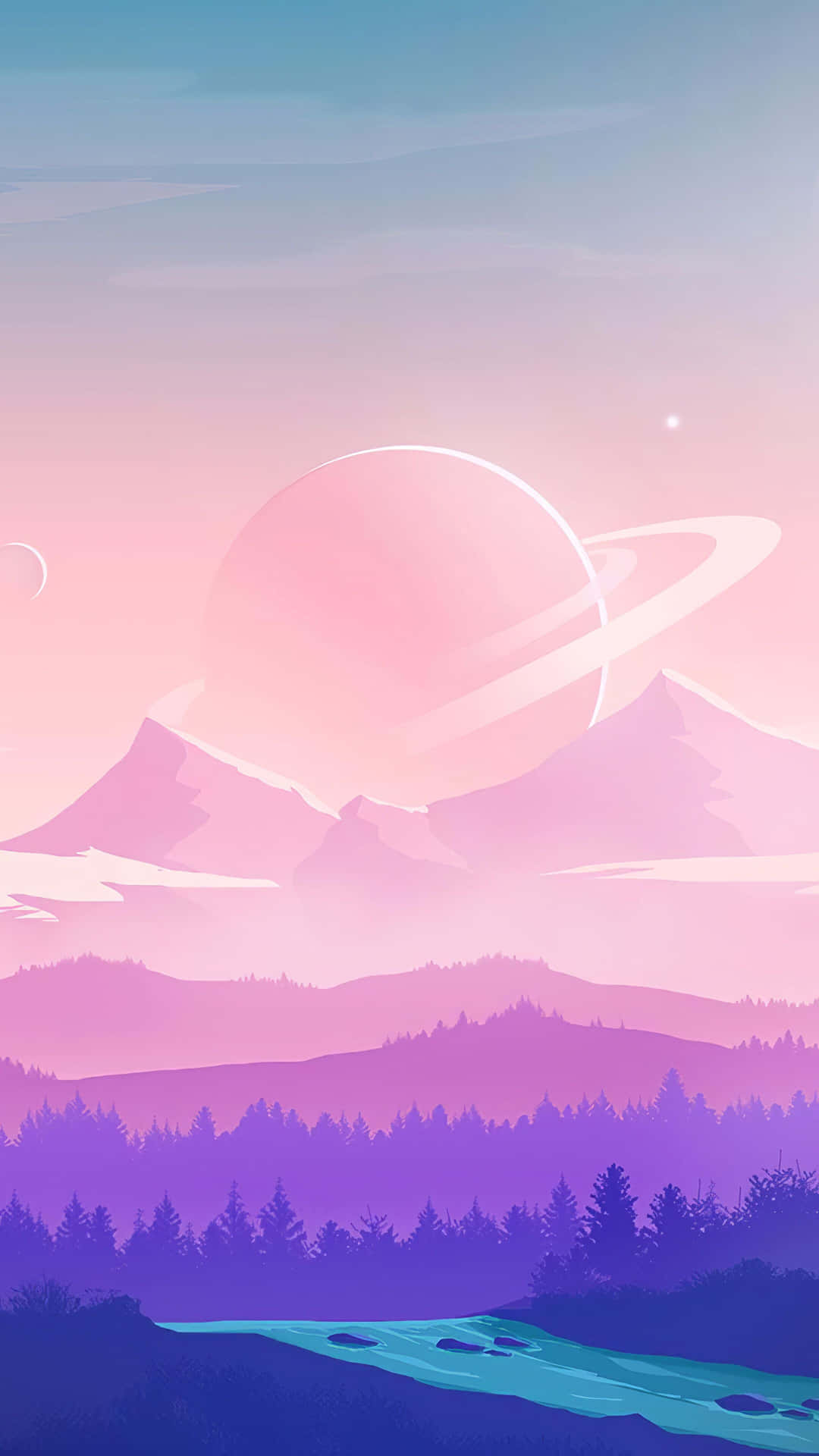 粉紅色山脈 紫色森林 河流 在帶有光環的發光行星下