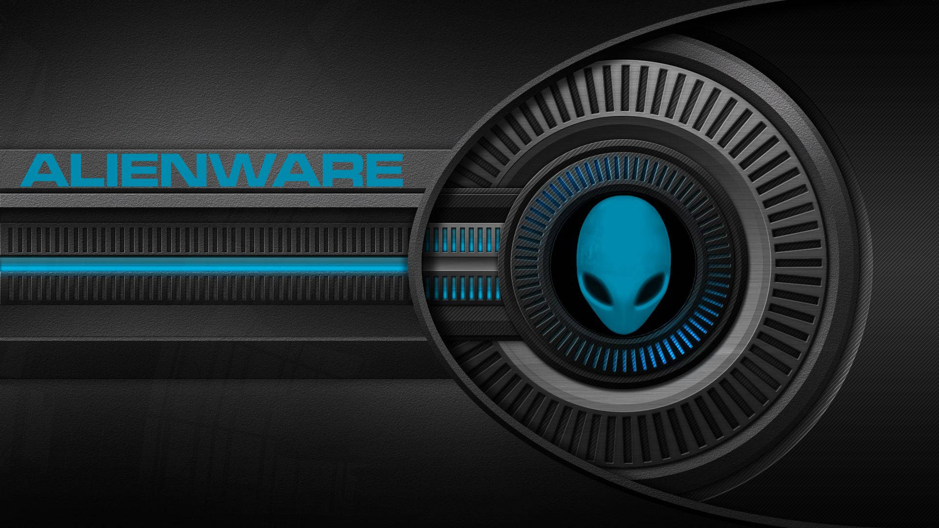 Alienware遊戲標誌，帶有發光的藍色外星人頭部和文字，背景為深色背景。