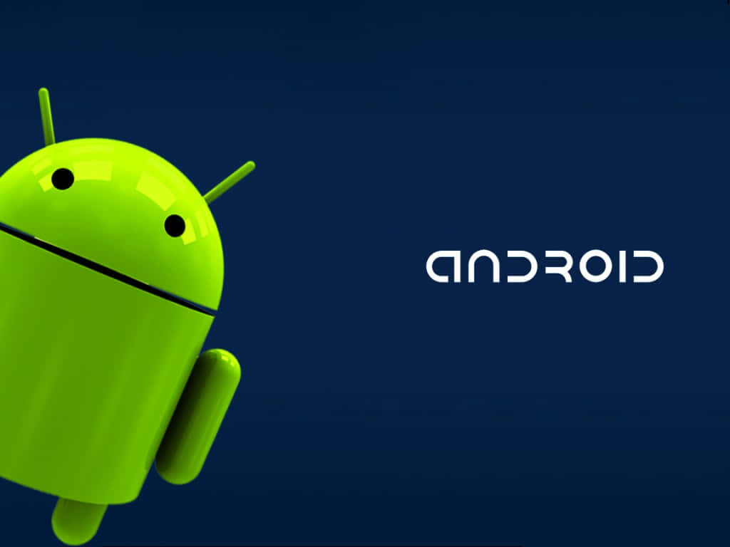 高科技安卓手機 壁紙 — 一個有光澤的綠色Android機械人吉祥物站在深藍色背景上，並帶有白色文字'android'。