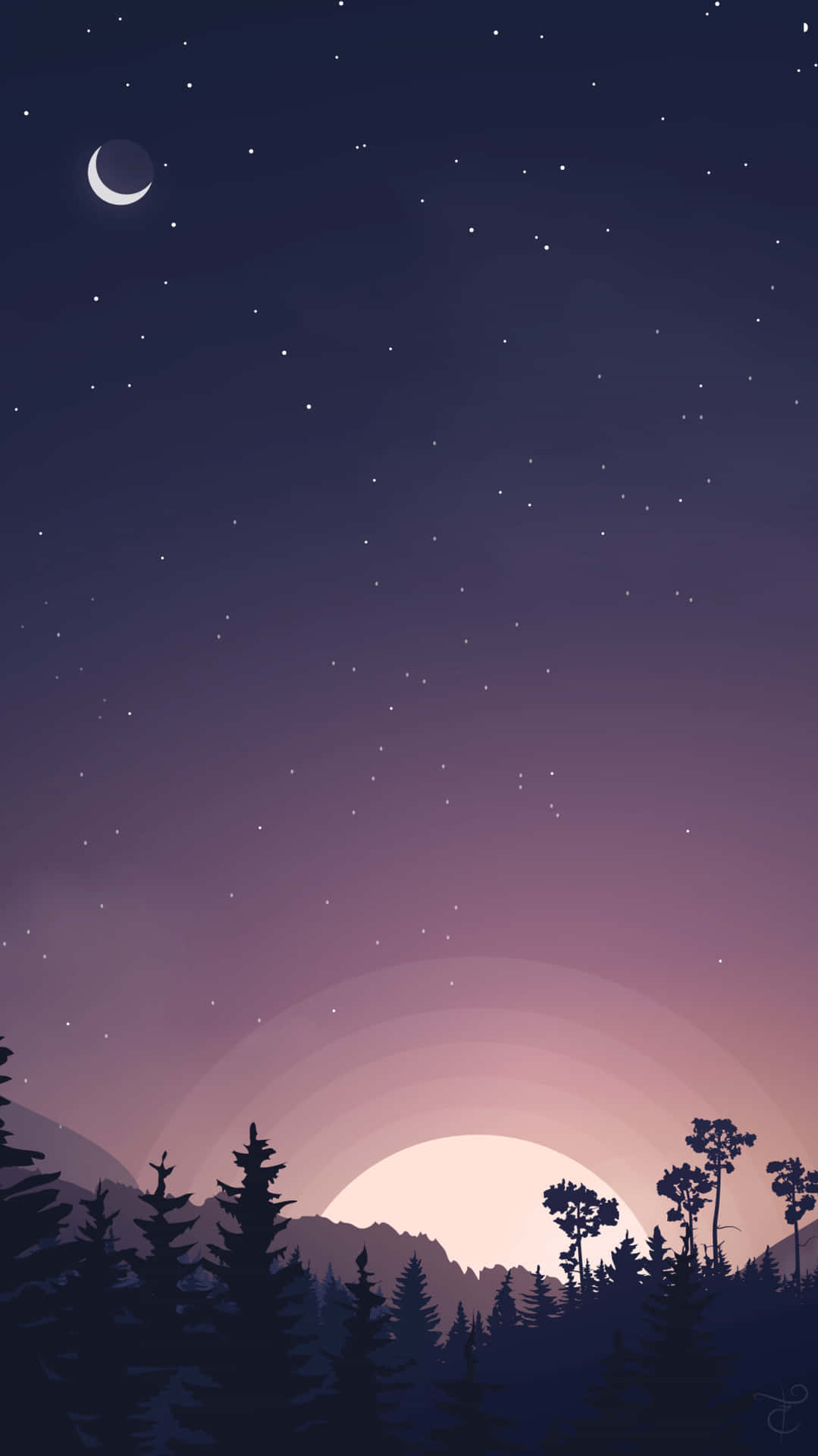 暮色天空 新月 星星 松樹 山脈