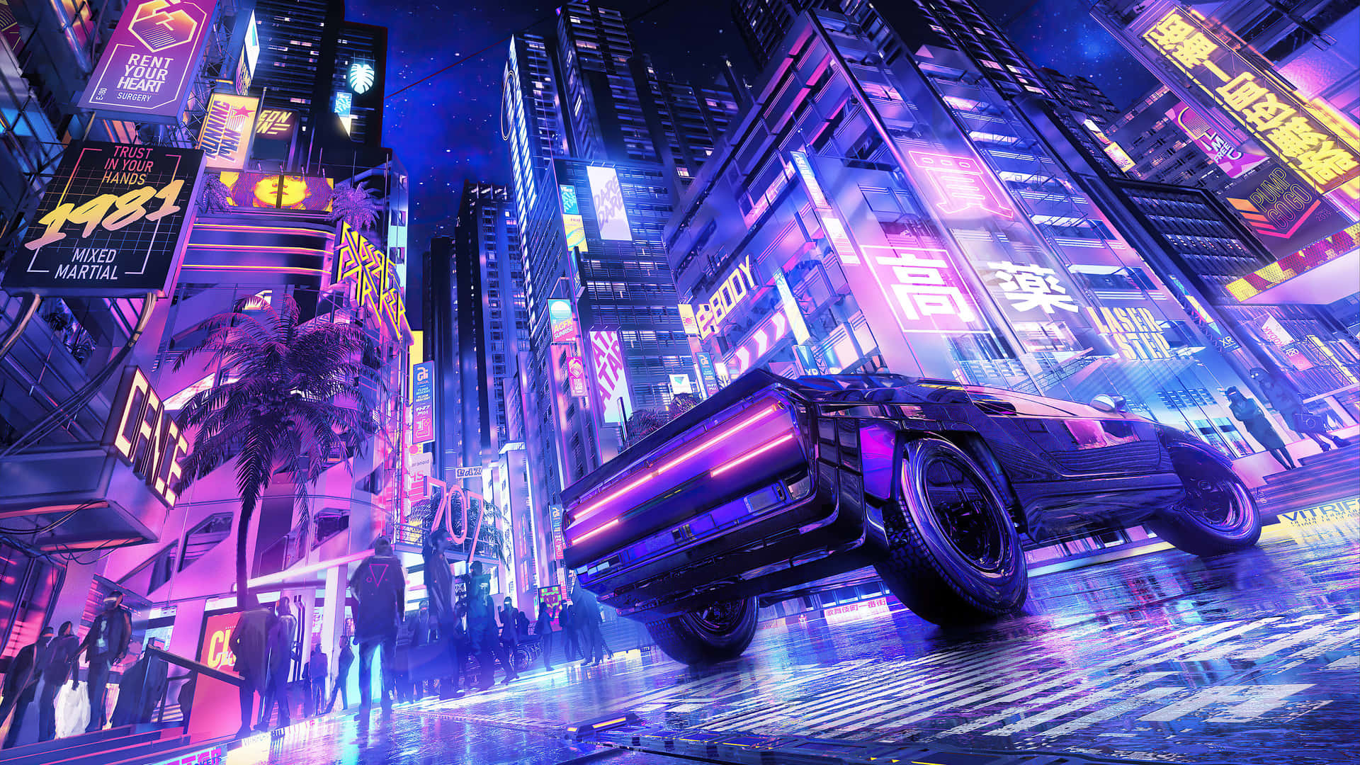 未來汽車在夜晚霓虹燈照亮的賽博龐克城市中疾馳。