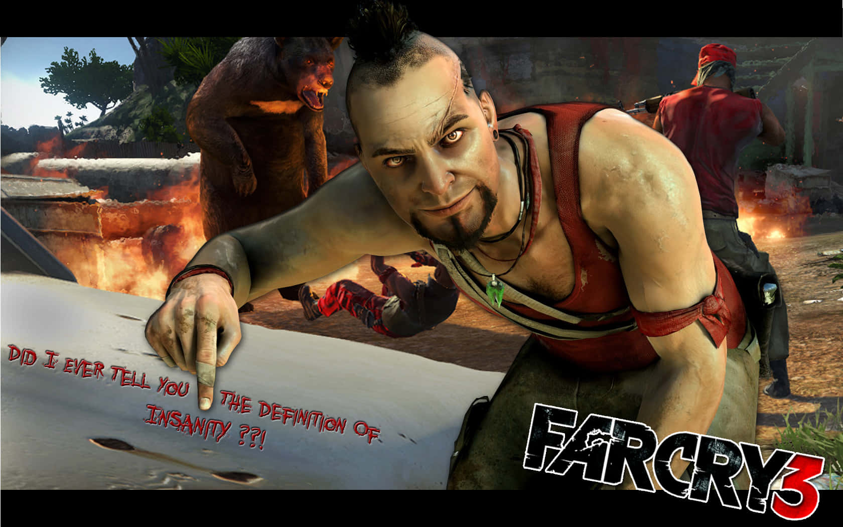 高空俯瞰 壁紙 — 一個帶有莫西干頭的男人在 Far Cry 3 的火熱叢林中指著地圖，背景有一隻咆哮的熊和武裝人物。