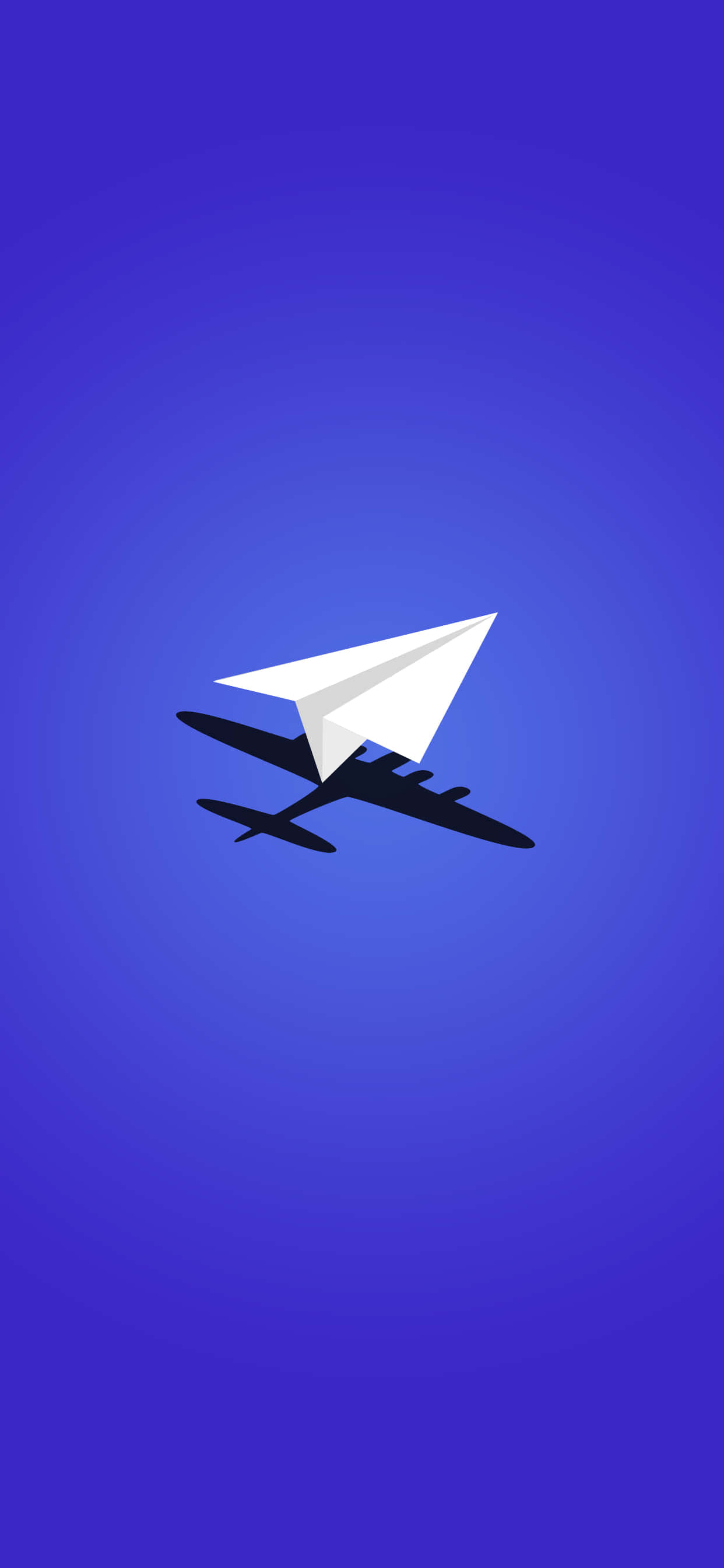 高空俯瞰飛行中的小型飛機 壁紙 — 一架極簡風格的白色紙飛機在漸變藍色天空中滑翔，下方有深色飛機剪影。
