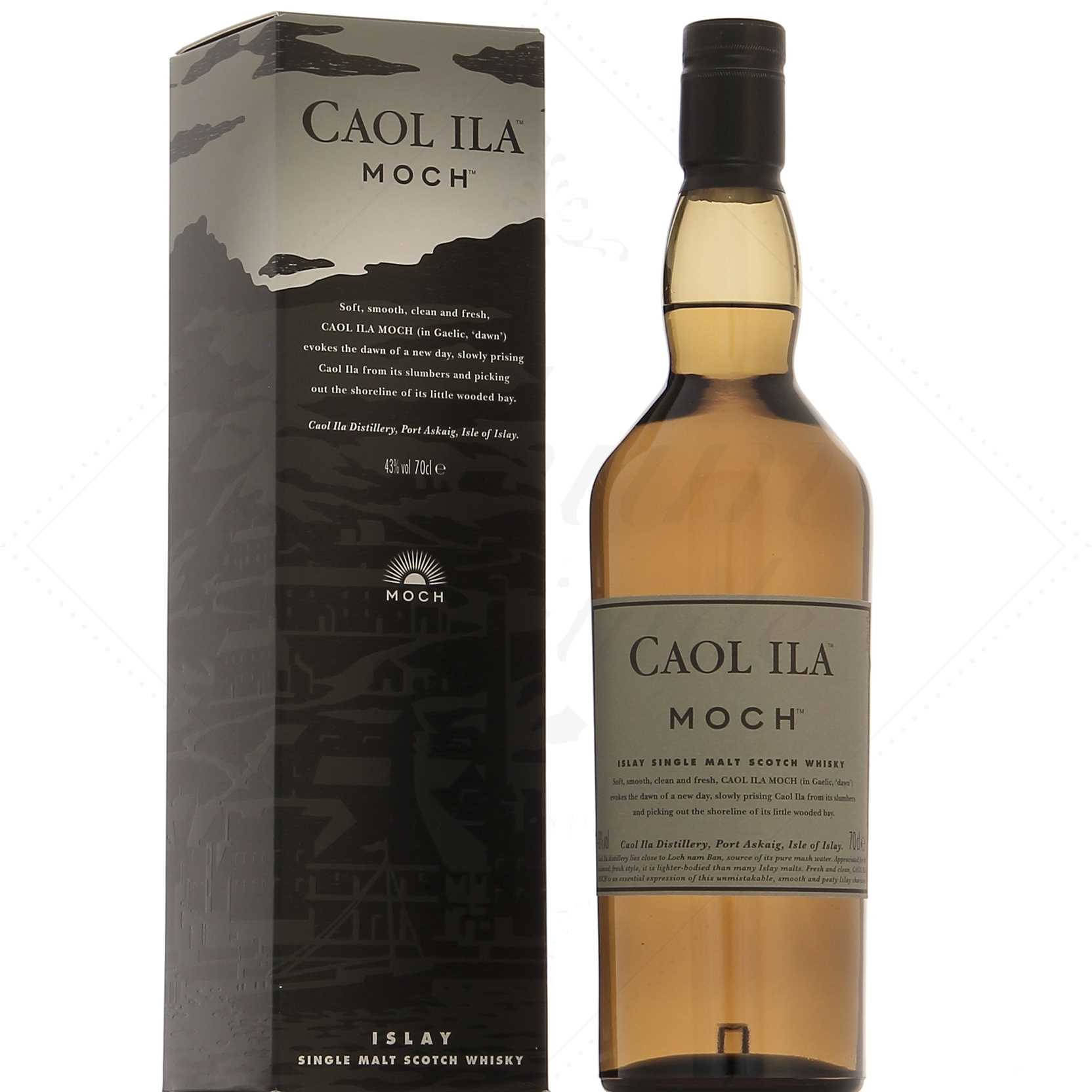 Caol Ila Moch 威士忌酒瓶和盒子，極簡設計