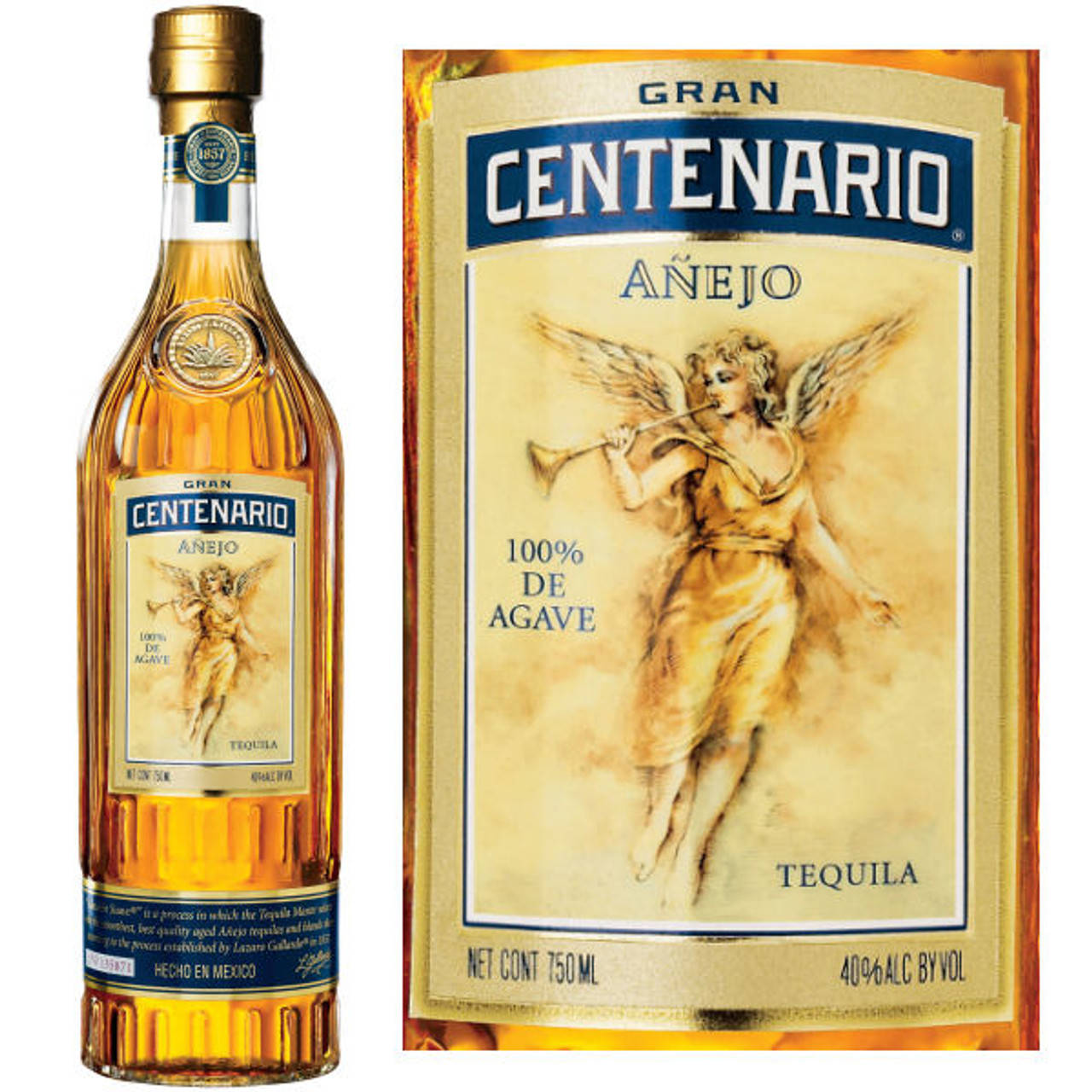 標籤上有天使的Gran Centenario Añejo龍舌蘭酒瓶。