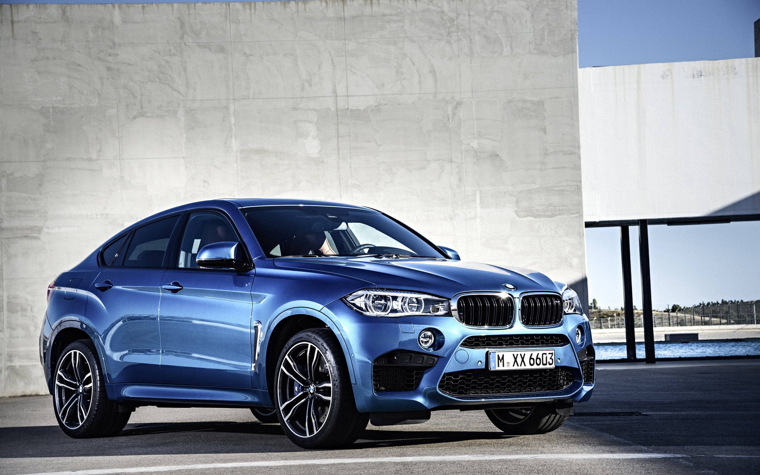 高級藍漆BMW X6 M攝影特寫 壁紙 — 一架時尚的藍色BMW X6 M停泊在極簡水泥牆旁，沐浴在明亮的日光下。
