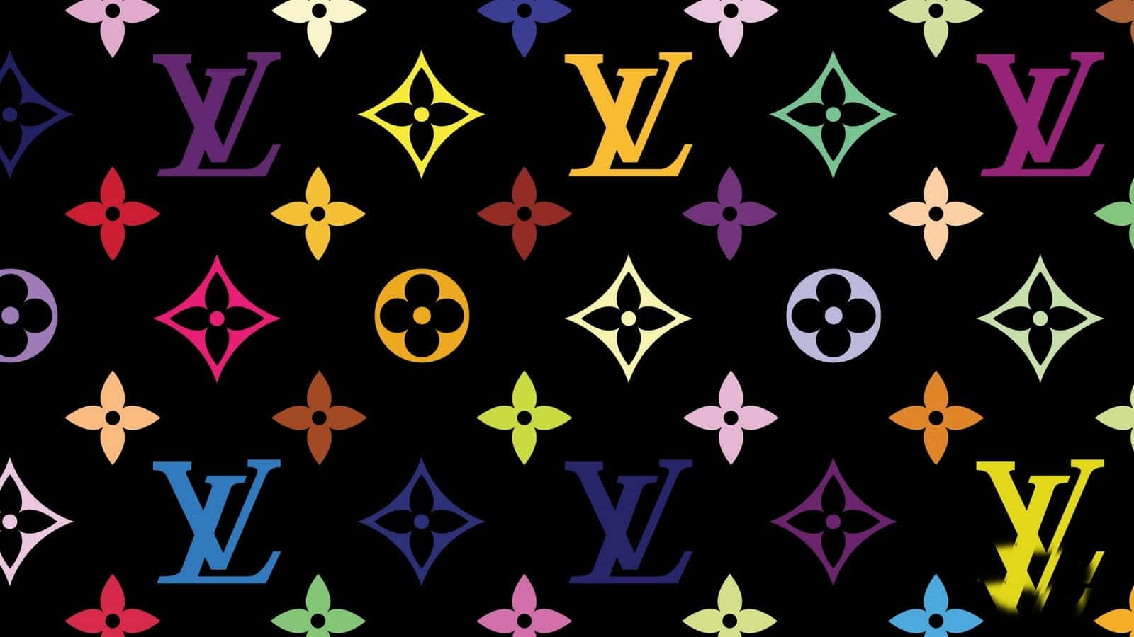 黑色背景上色彩繽紛的 Louis Vuitton 字母組合和花卉圖案。