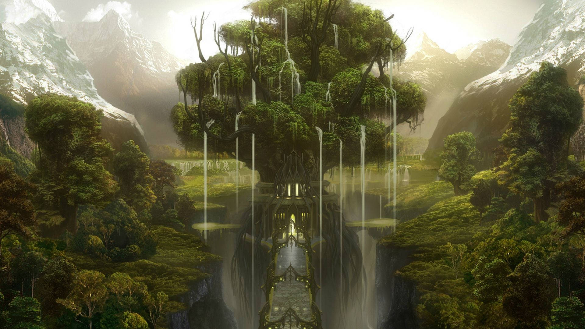 一棵巨樹，瀑布從其枝葉間流下，位於山谷中。