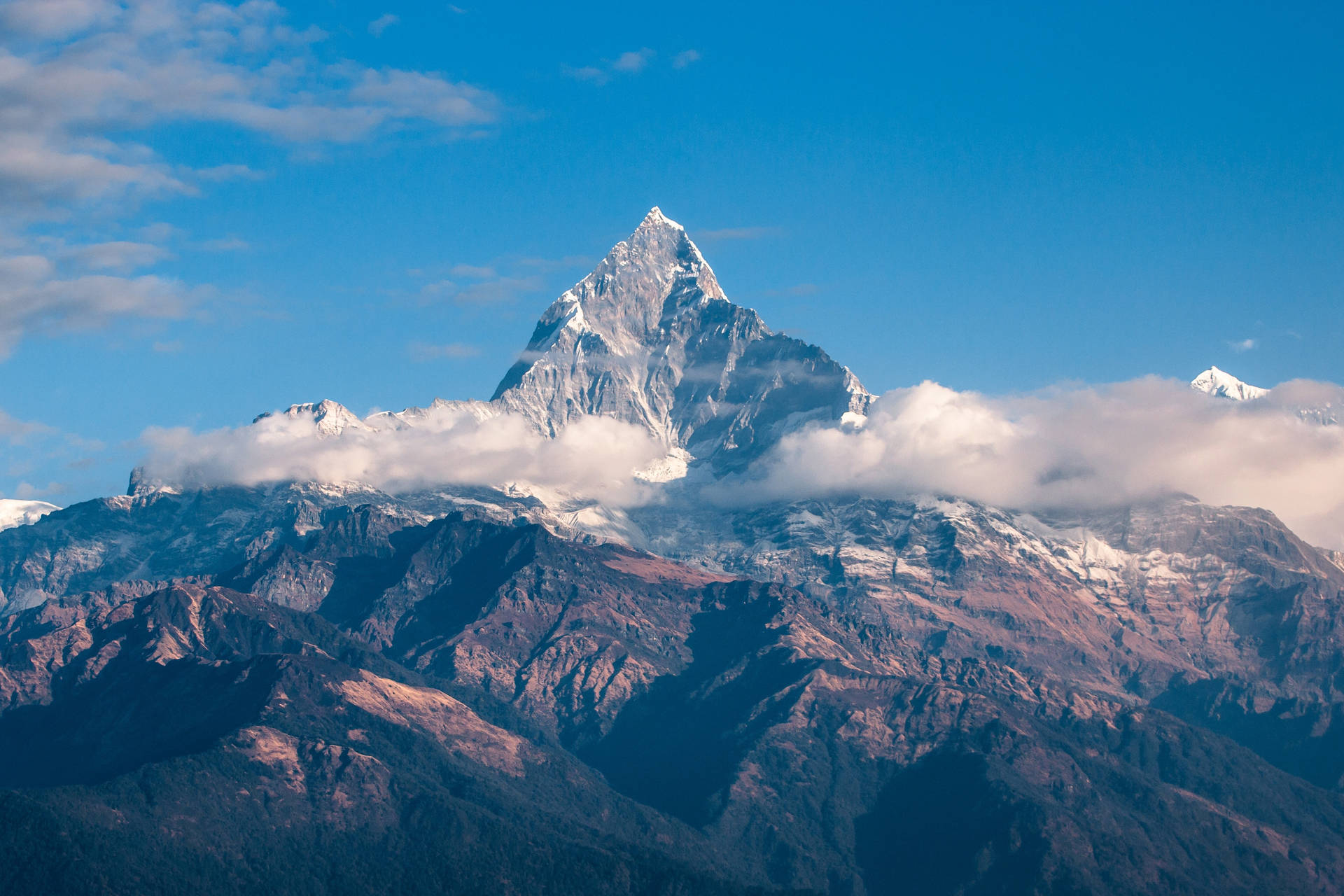 積雪的山峰聳立於雲層之上，下部山坡沐浴在金色的陽光中。