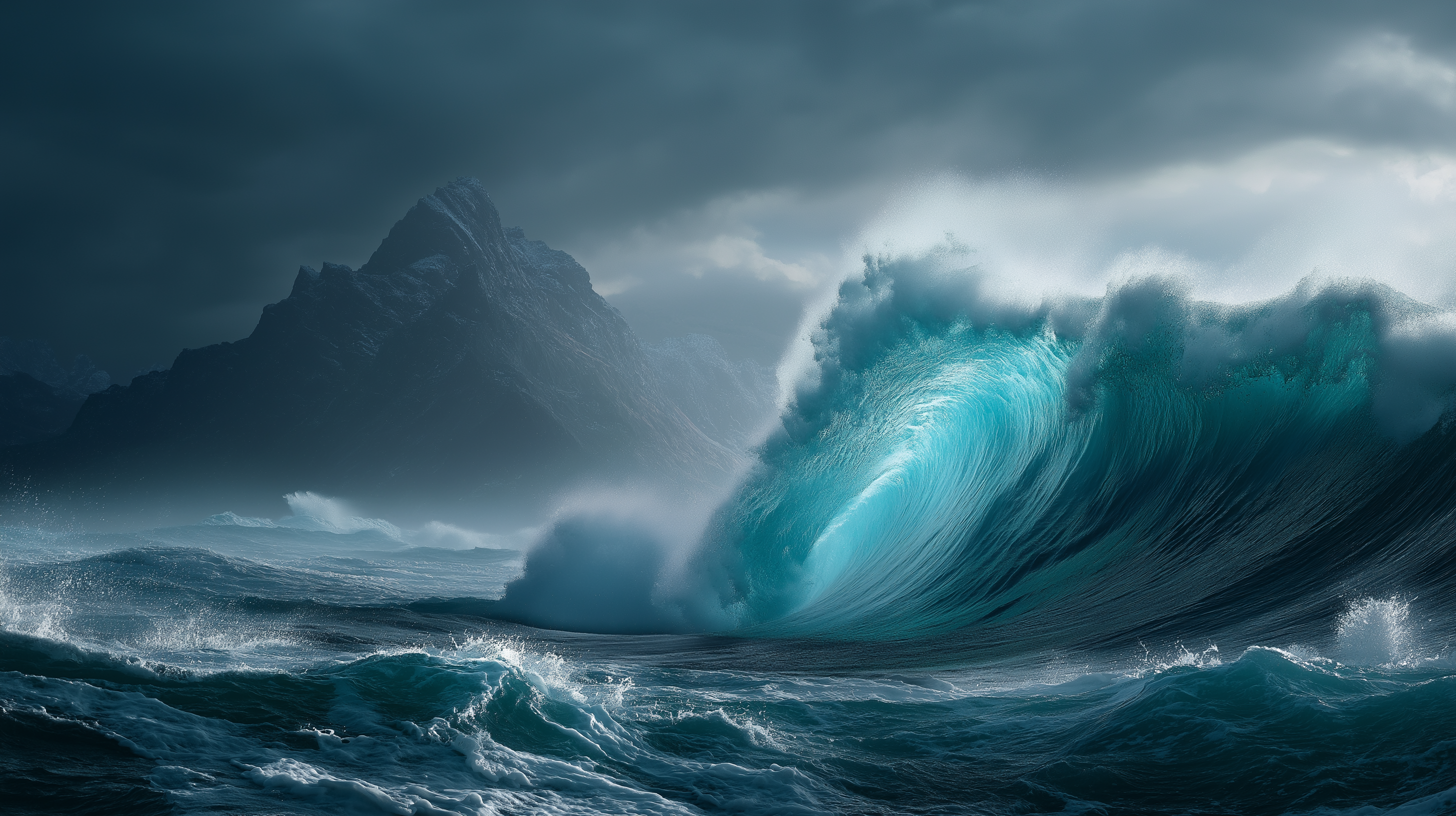 高聳巨浪海嘯 壁紙 — 一道巨大的藍綠色海浪在暴風雨中拍打著大海，鋸齒狀的山脈在烏雲下若隱若現。