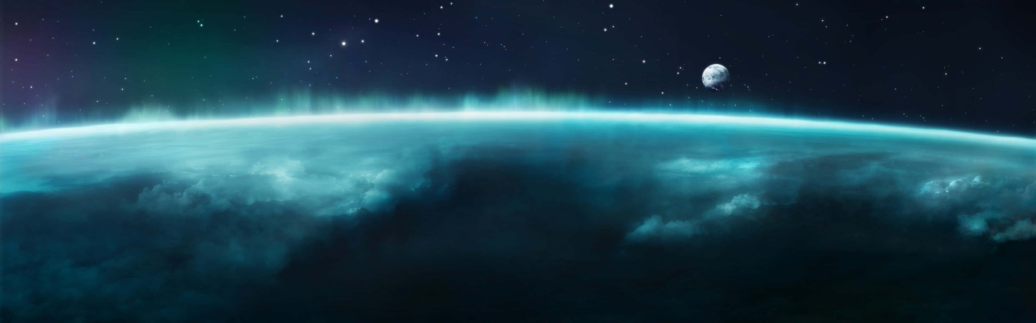 行星上空發光的青綠色極光，天空中有月亮和星星。
