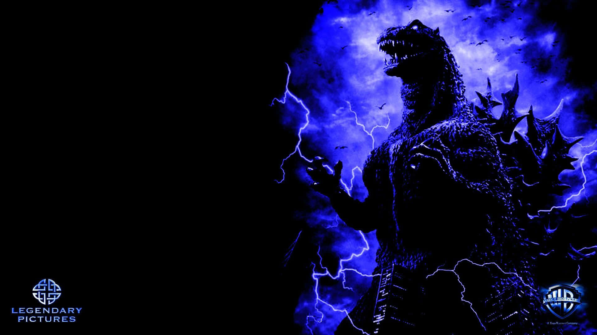 godzilla 1998 桌布 壁紙 — 高聳的哥斯拉剪影對著佈滿電光閃爍的暴風雨藍天咆哮。