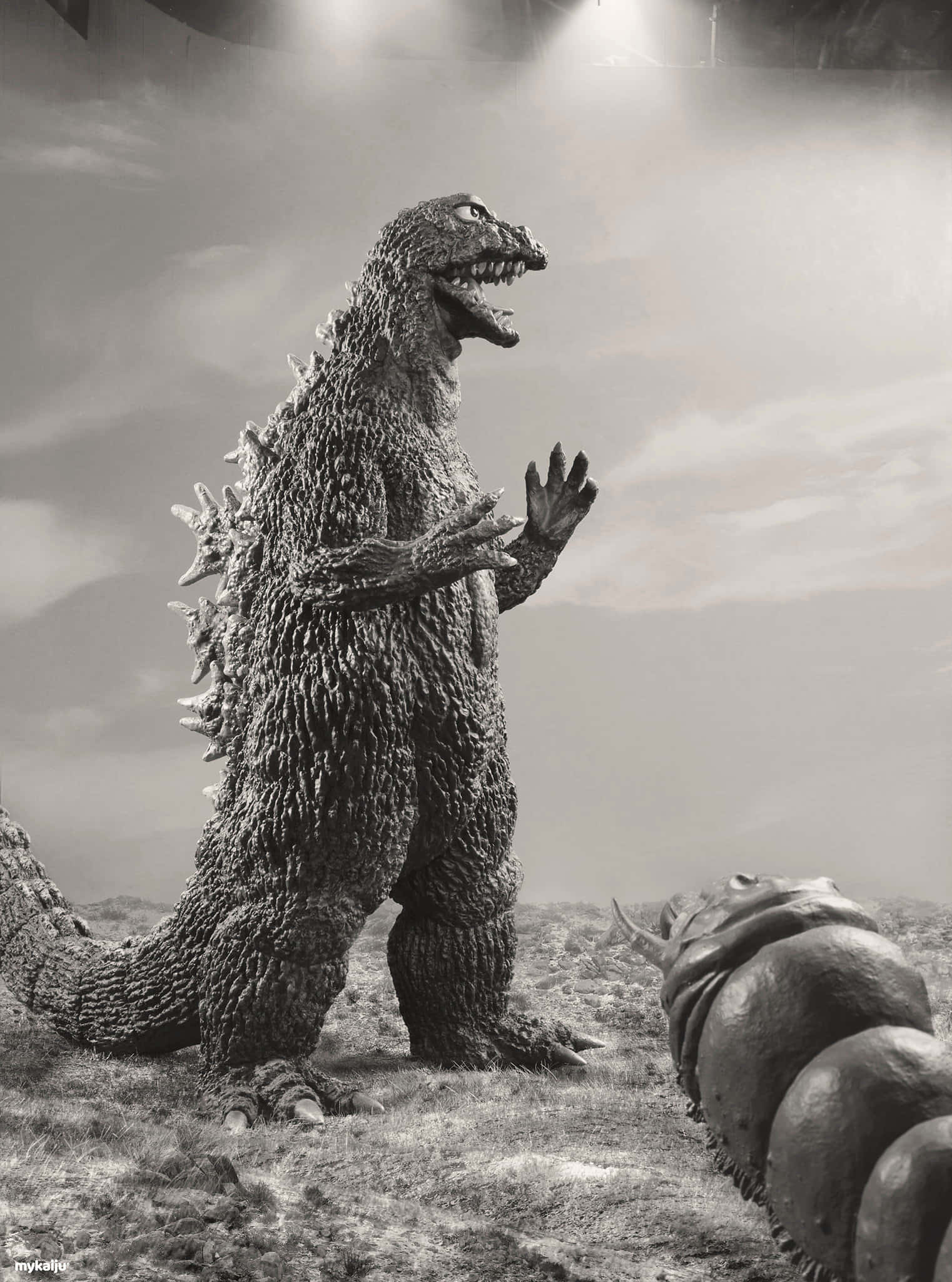 Godzilla Vs Mothra 桌布 壁紙 — 高聳的哥斯拉威風凜凜地站在岩石地形上，一隻巨大的蠕蟲狀生物在戲劇性的黑白場景中逼近。