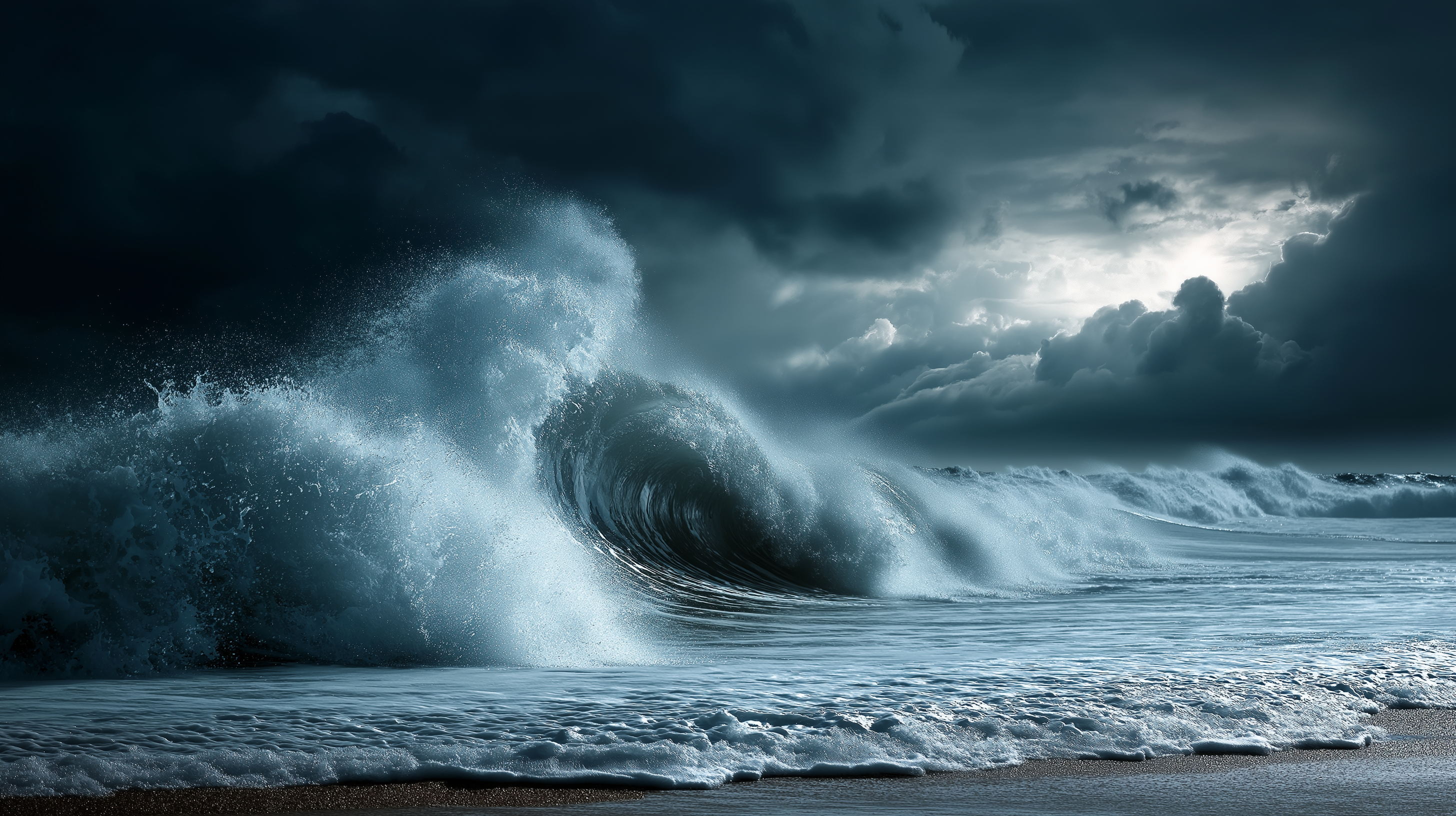 高聳的海嘯波浪 壁紙 — 在暴風雨黑暗的天空下，巨大的海浪拍打沙灘，戲劇性的光線。