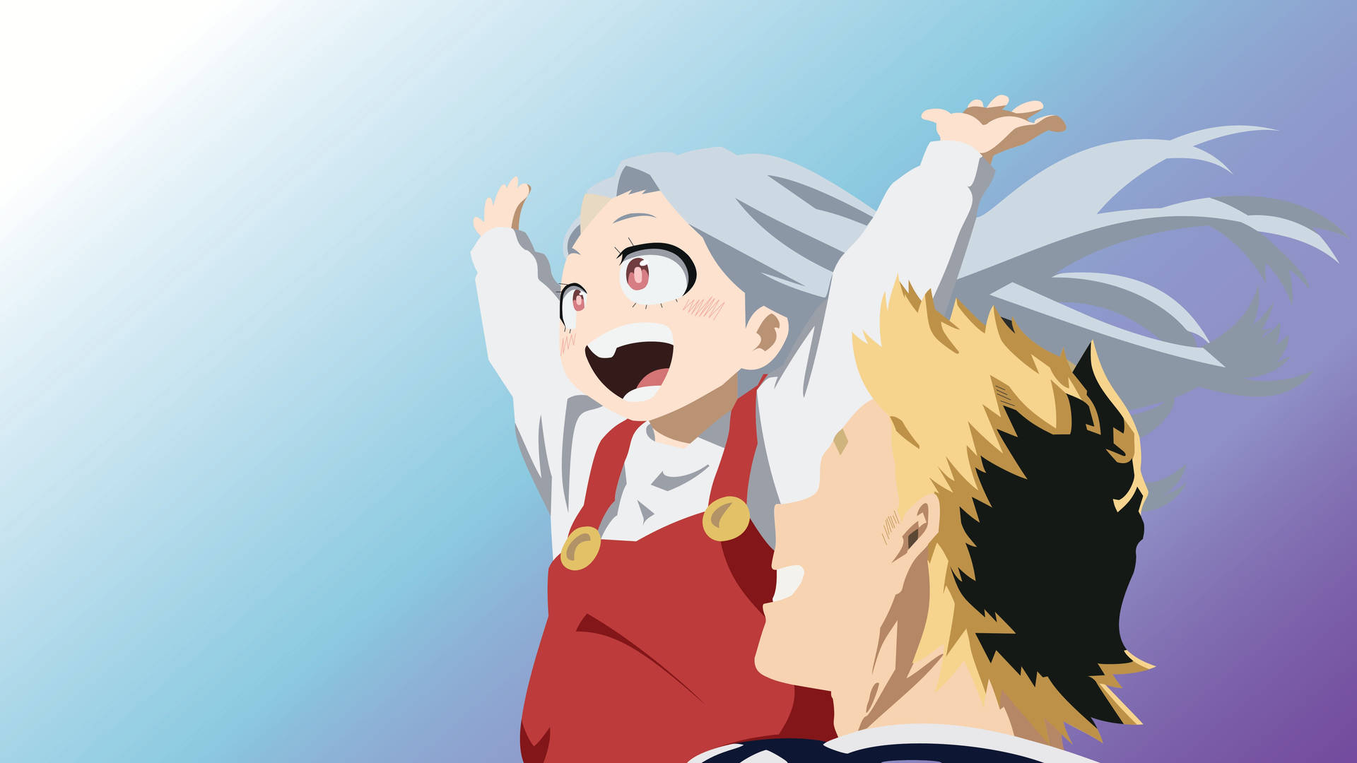 高興的 Eri 與 Mirio 壁紙 — 一個快樂的動漫女孩，銀色頭髮，紅色工裝褲，在藍紫漸變的天空下興奮地跳躍。