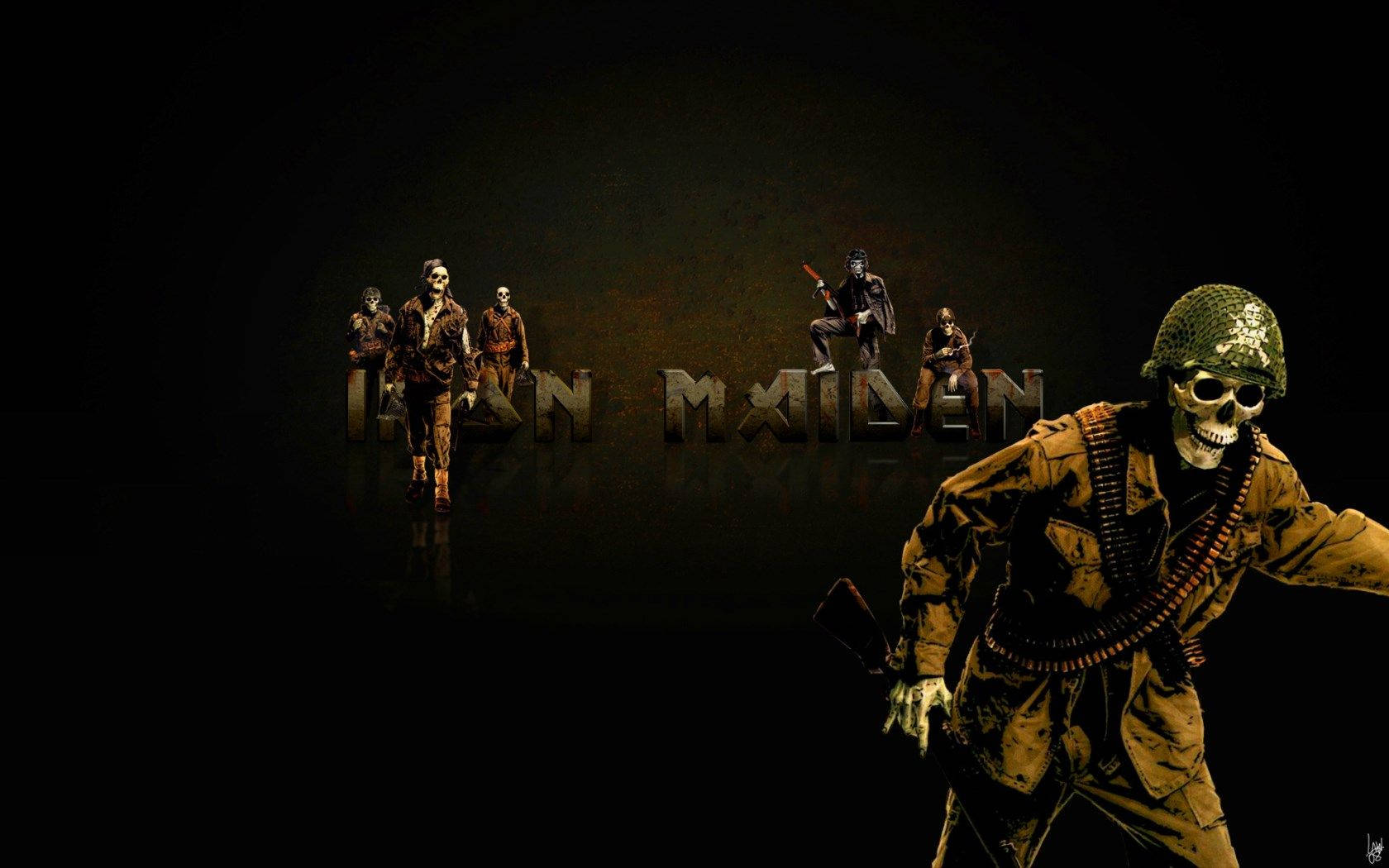 Iron Maiden 樂隊成員以骷髏士兵形象穿著軍事裝備，背景為深色。