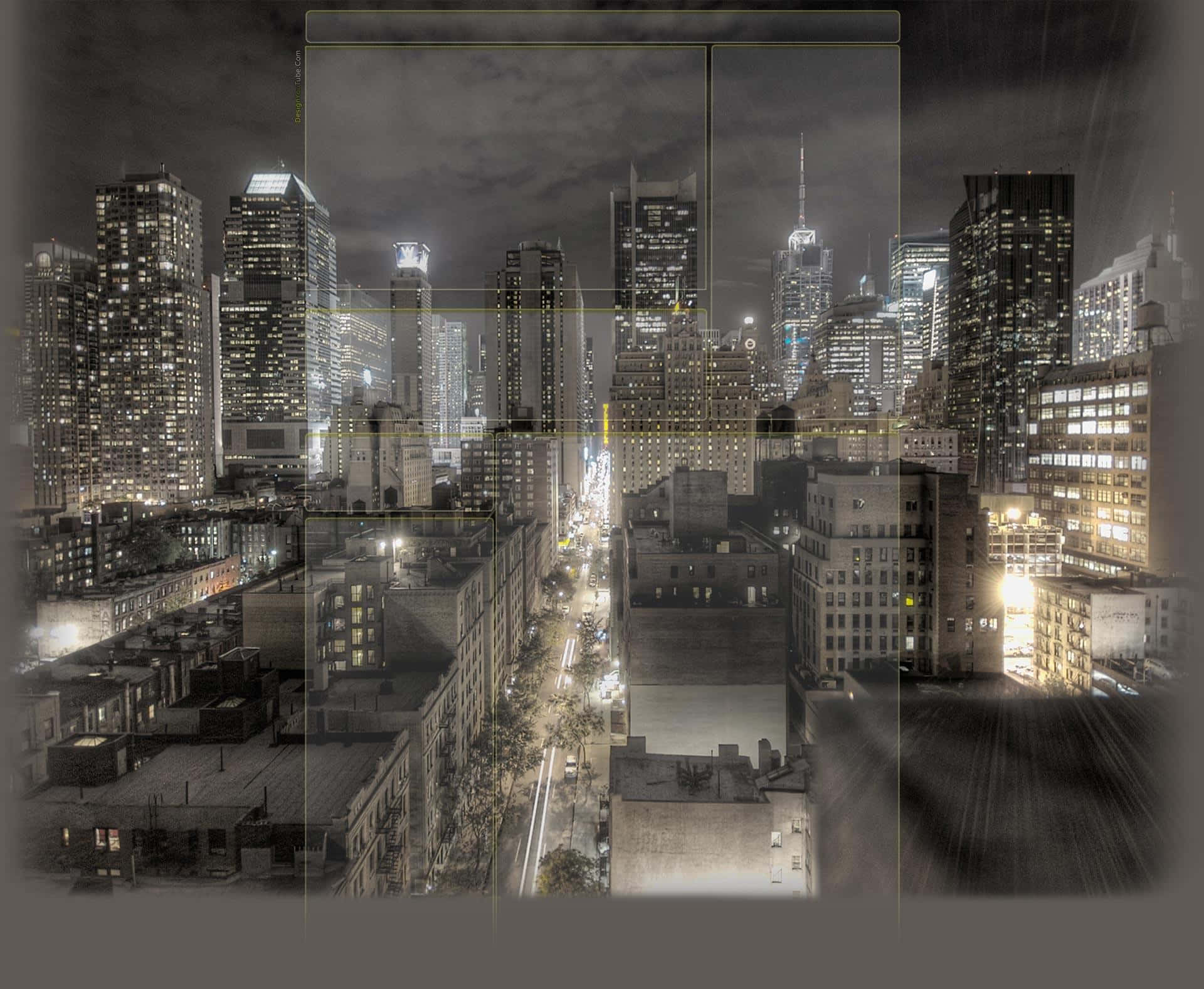紐約市 桌布 壁紙 — 高角度夜景城市景觀，摩天大樓和街燈在黑暗的天空中散發出溫暖的光芒。