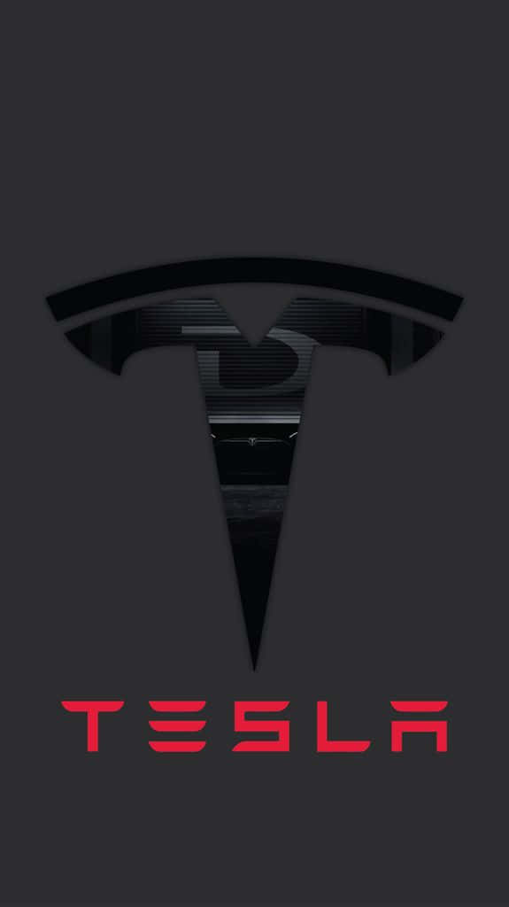 深灰色背景上的Tesla標誌及紅色文字。