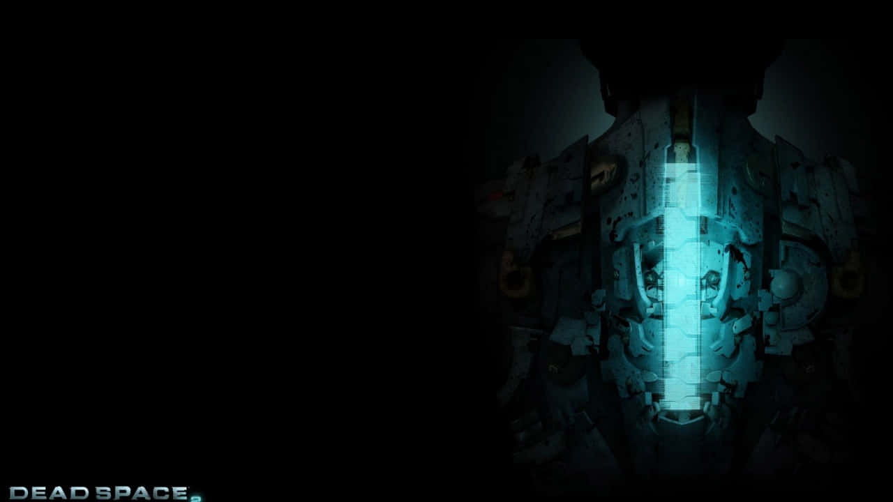 高解析度 720p 壁紙 — 一個黑暗的科幻場景，黑色背景上機械套裝帶有發光的藍色垂直光條。