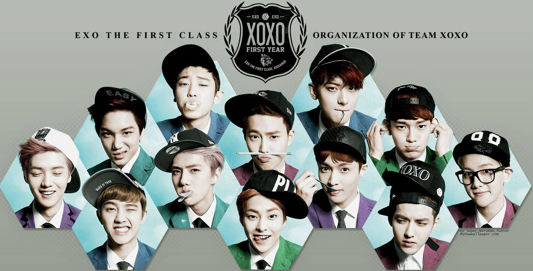 K-pop 組合 EXO The First Class 穿著西裝和帽子在六邊形拼貼中擺姿勢。