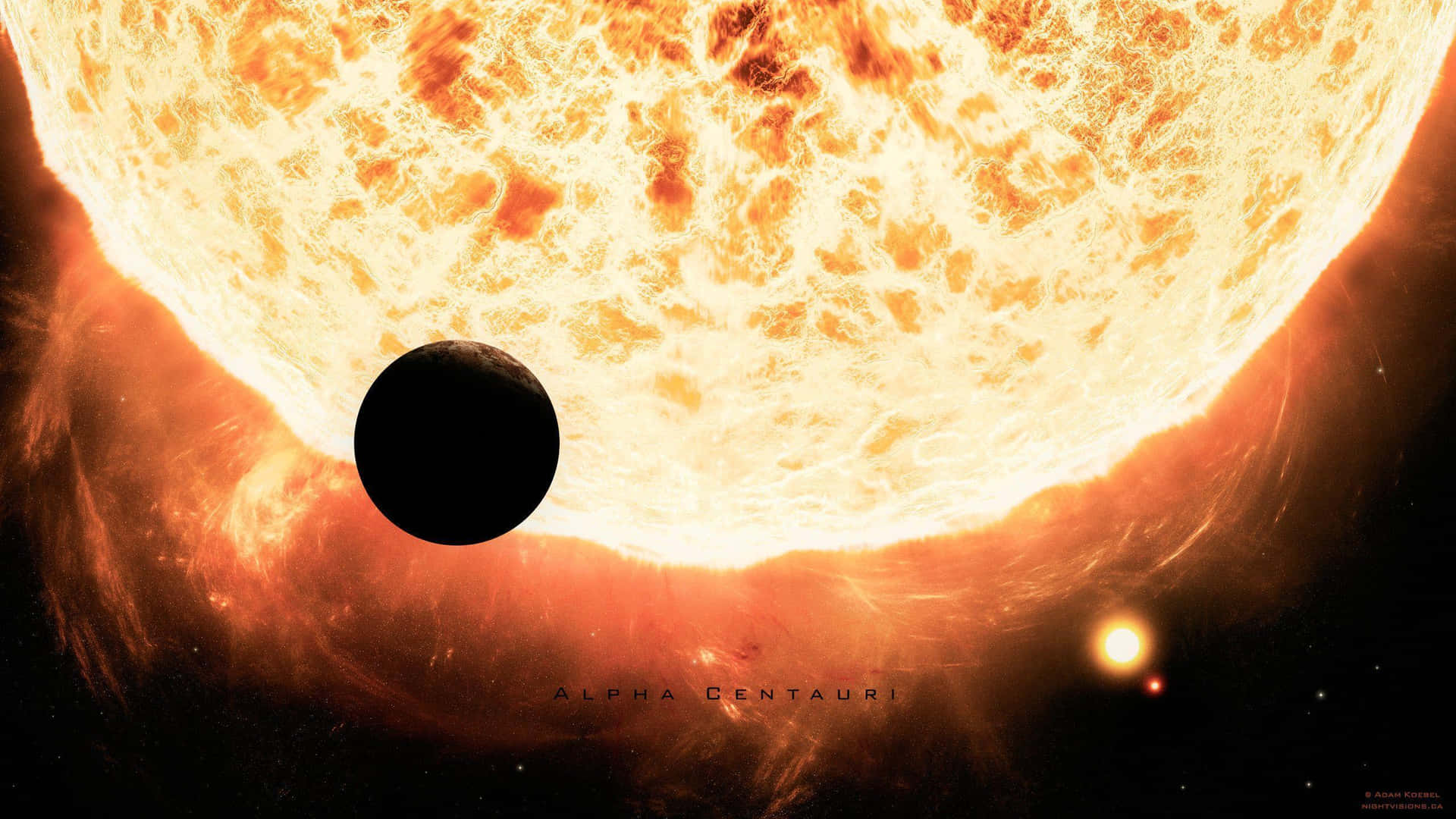行星在半人馬座阿爾法系統中穿越一顆熾熱的太陽，背景有恆星。