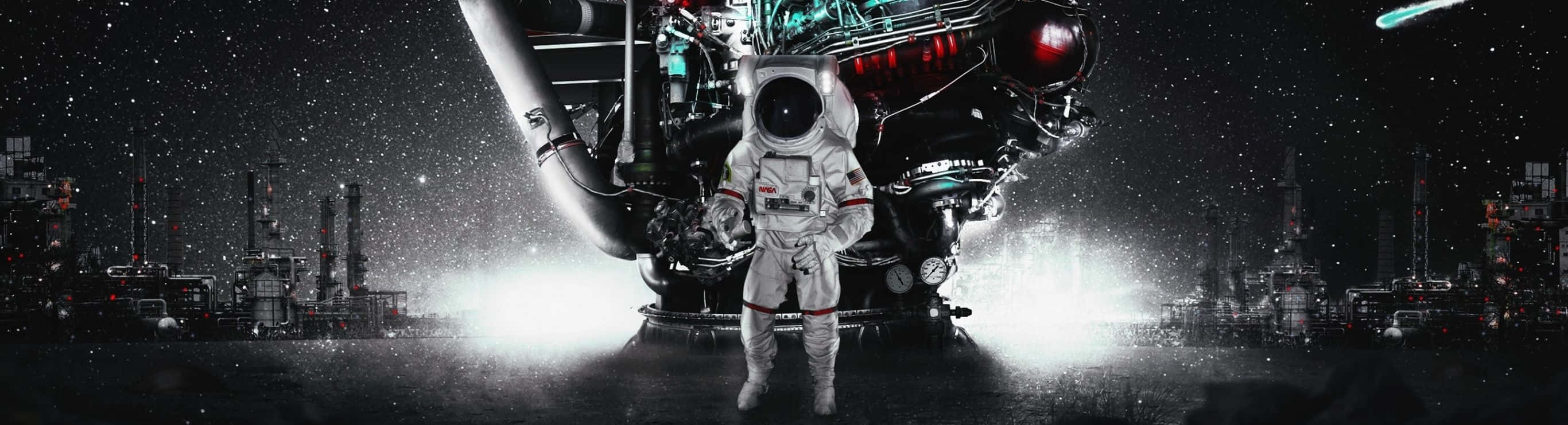 身穿白色太空衣的太空人在夜晚的太空站中站在一艘大型太空船前。
