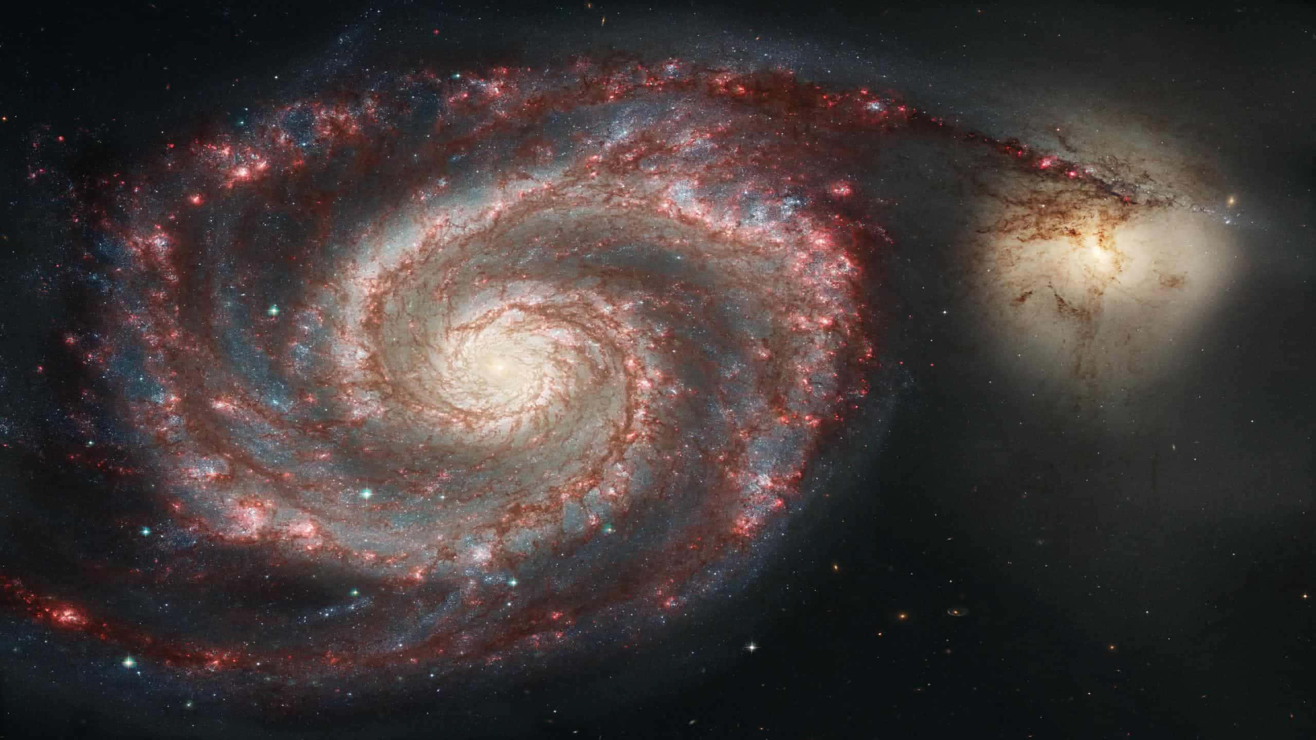 高解析度呈現的旋渦星系壯麗景象 壁紙 — 一個令人驚嘆的螺旋星系，帶有發光的紅色和藍色旋臂，在繁星點點的宇宙背景下旋轉。
