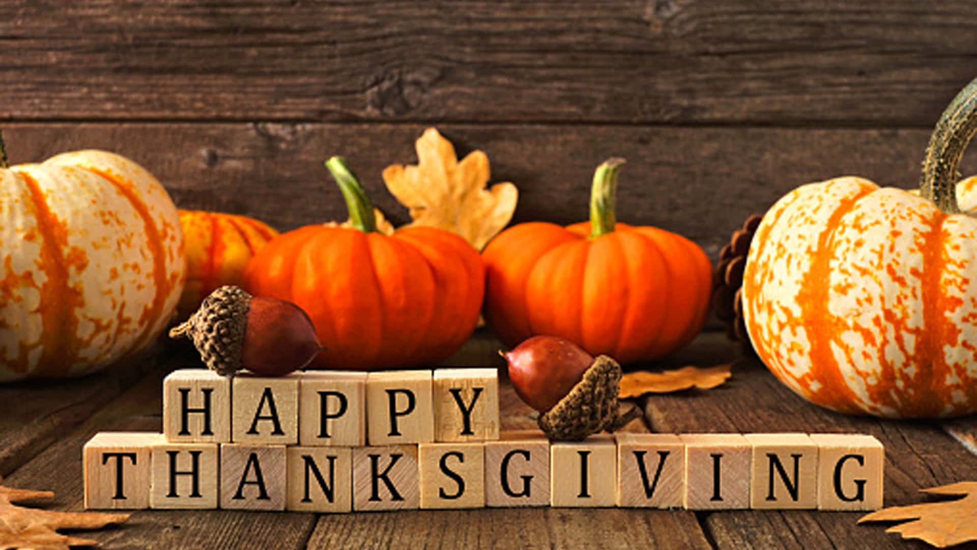 高解析度感恩節多彩南瓜背景 壁紙 — 木製方塊拼出 happy thanksgiving，周圍環繞著南瓜、橡果和秋葉，置於質樸的木質表面上。