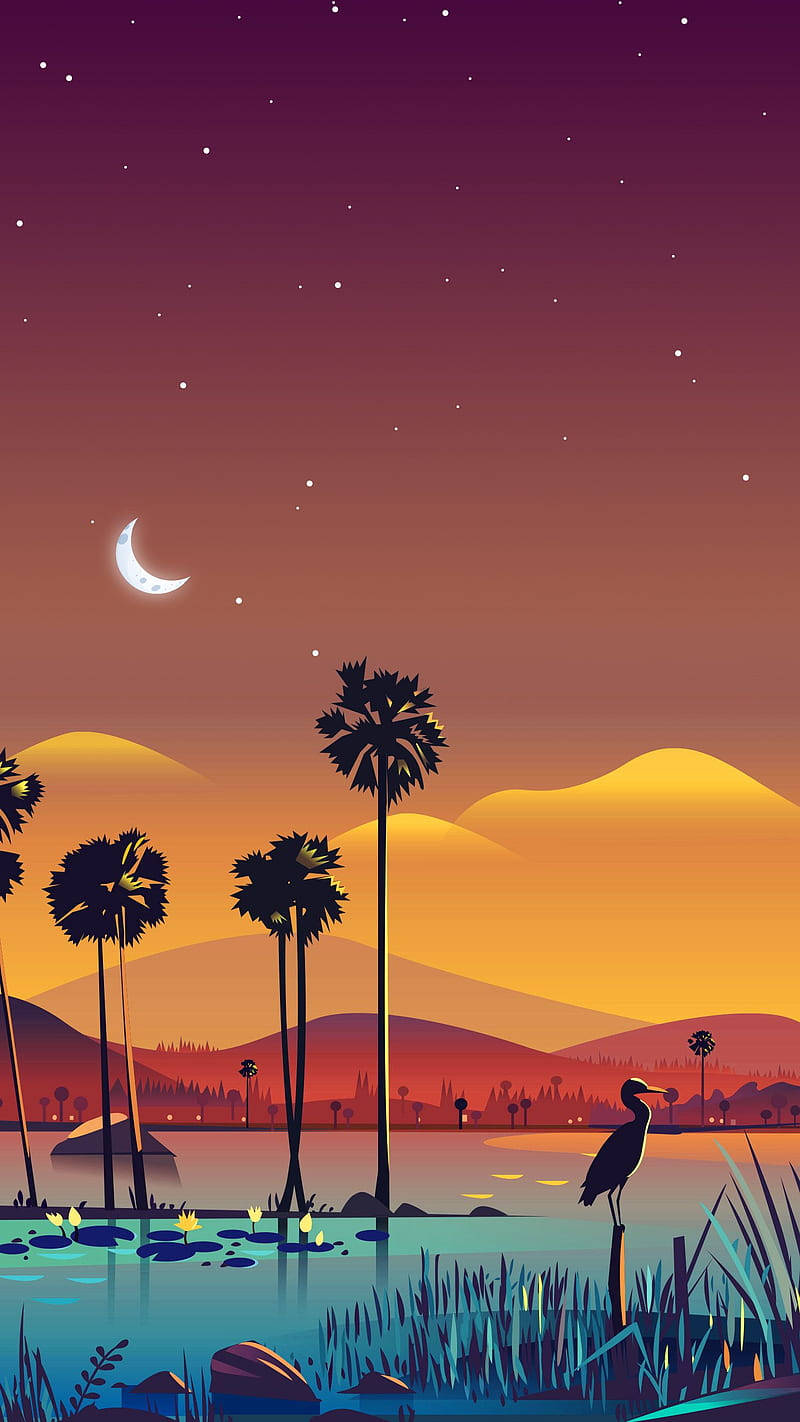 高解析度手機壁紙 山林天空 壁紙 — 寧靜的夜晚場景，新月和星星在棕櫚樹和一個平靜的湖泊上空，湖邊站著一隻蒼鷺。