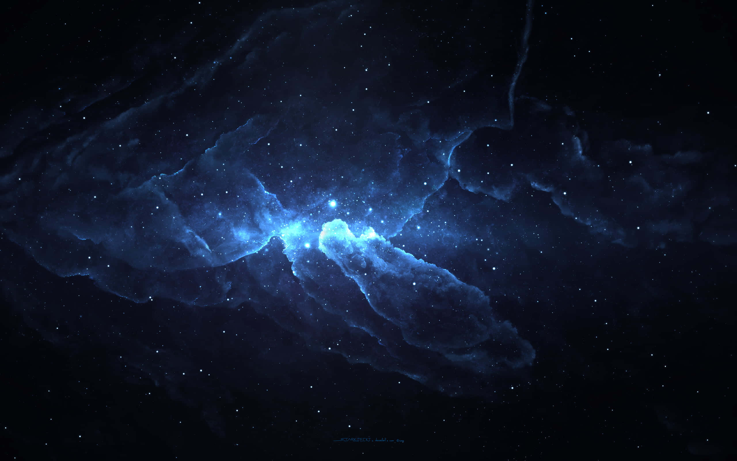 高解析度數位背景 壁紙 — 發光的藍色星雲在深邃太空中旋轉，點綴著閃爍的星星，背景是黑色虛空。