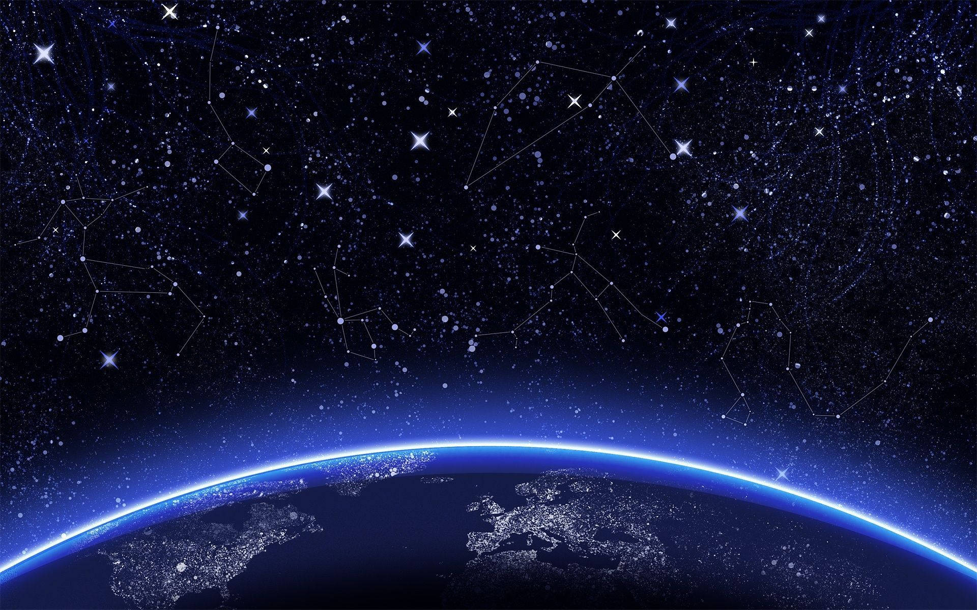 在充滿相連星座的星空下，地球閃爍的地平線。
