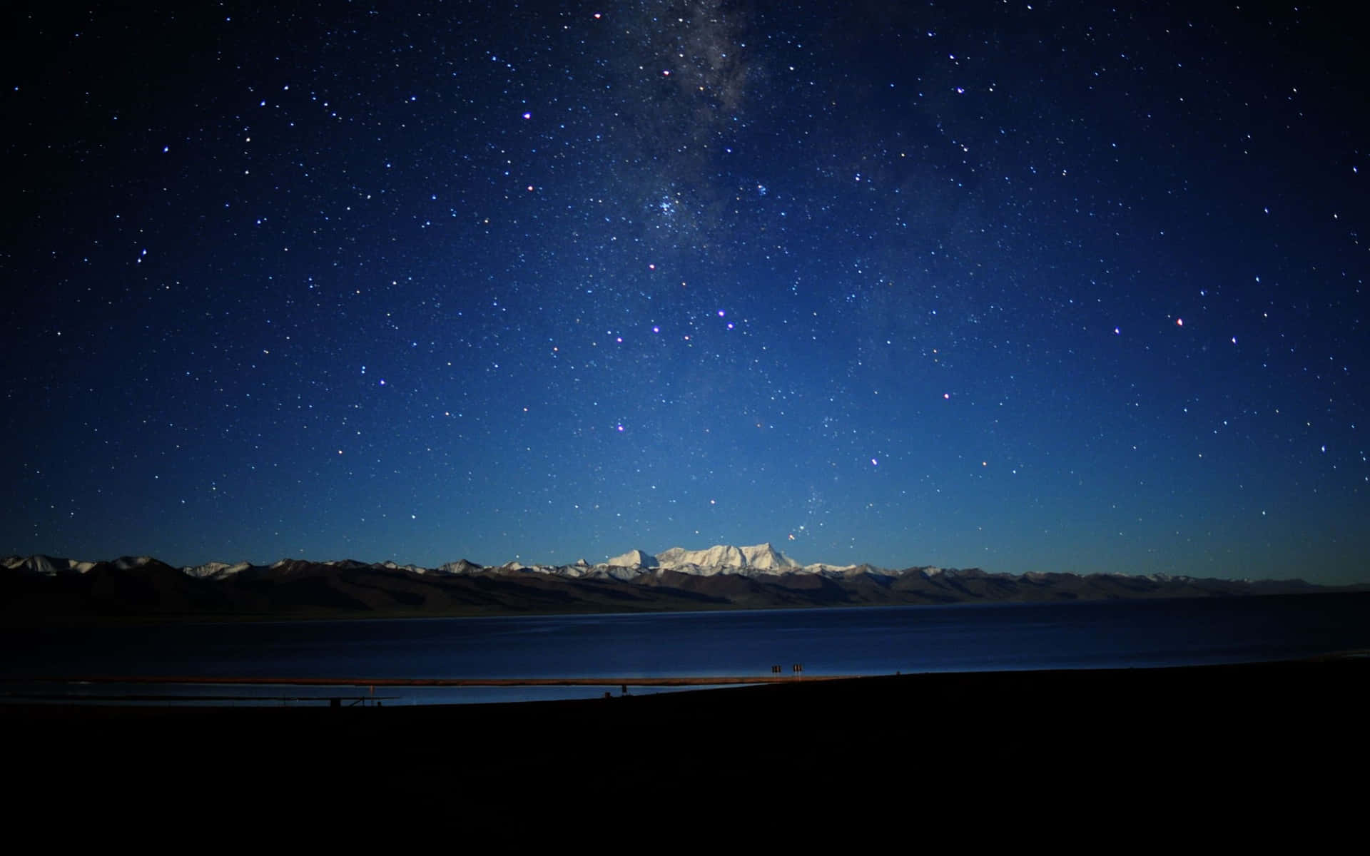 高解析度星空 壁紙 — 繁星點點的夜空，銀河拱跨在平靜的湖泊和積雪覆蓋的山脈之上。