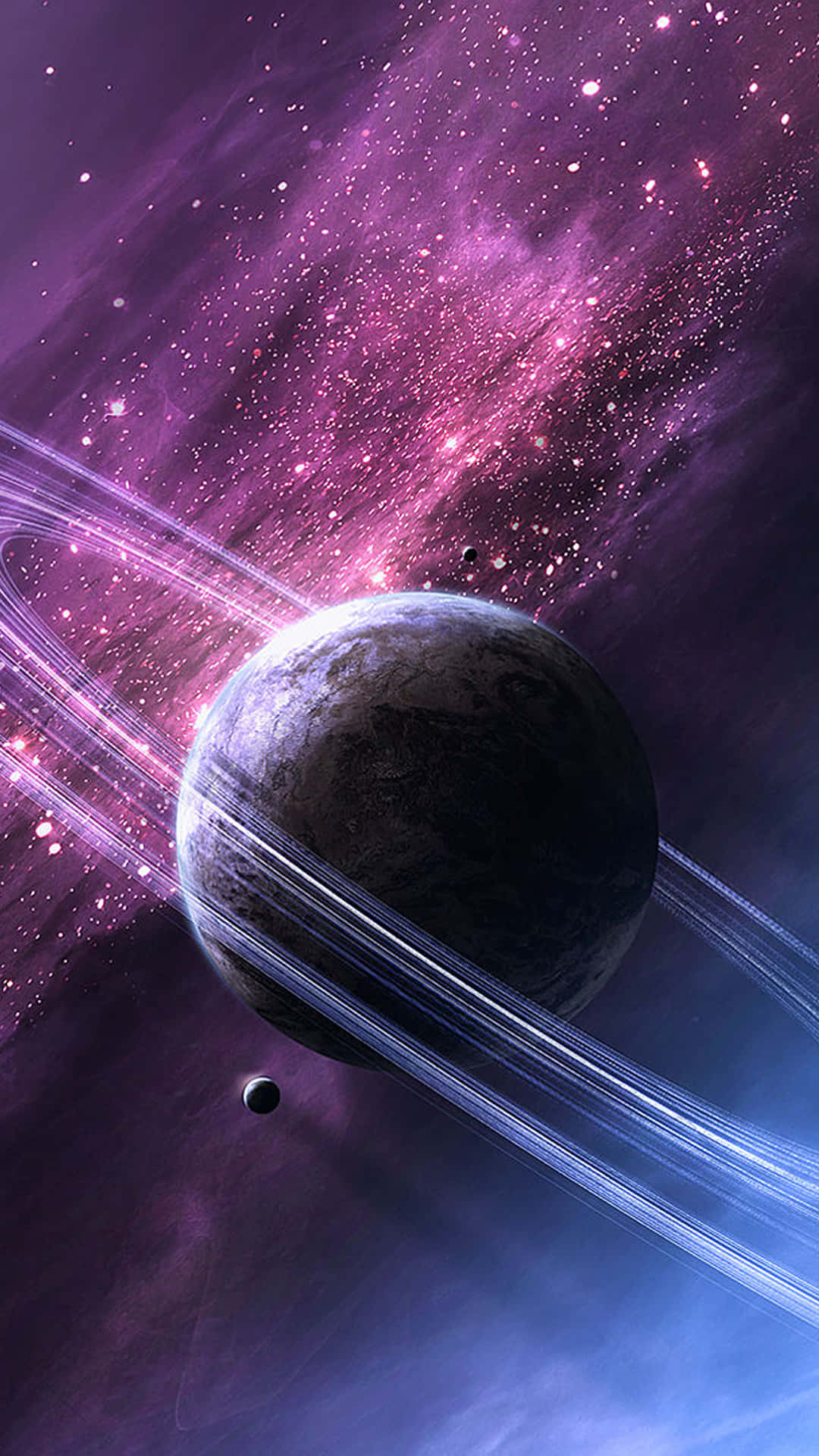 高解析度星系環狀行星背景 壁紙 — 一顆帶有發光環的黑暗行星在充滿閃爍星星的鮮豔紫色星雲中運行。