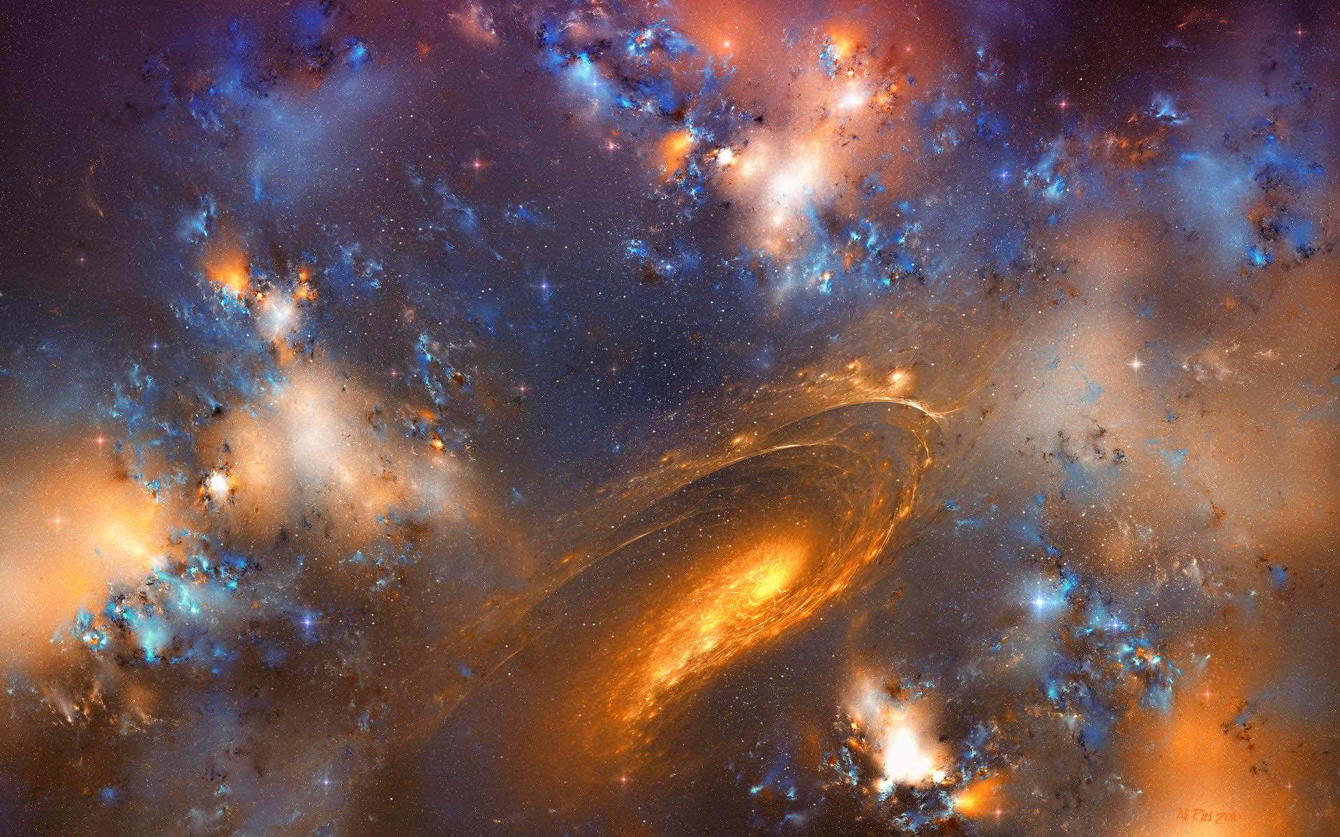 高解析度銀河橙色背景 壁紙 — 一個充滿活力的螺旋星系在橙色、藍色和紫色的宇宙雲層中旋轉，閃爍的星星散佈各處。