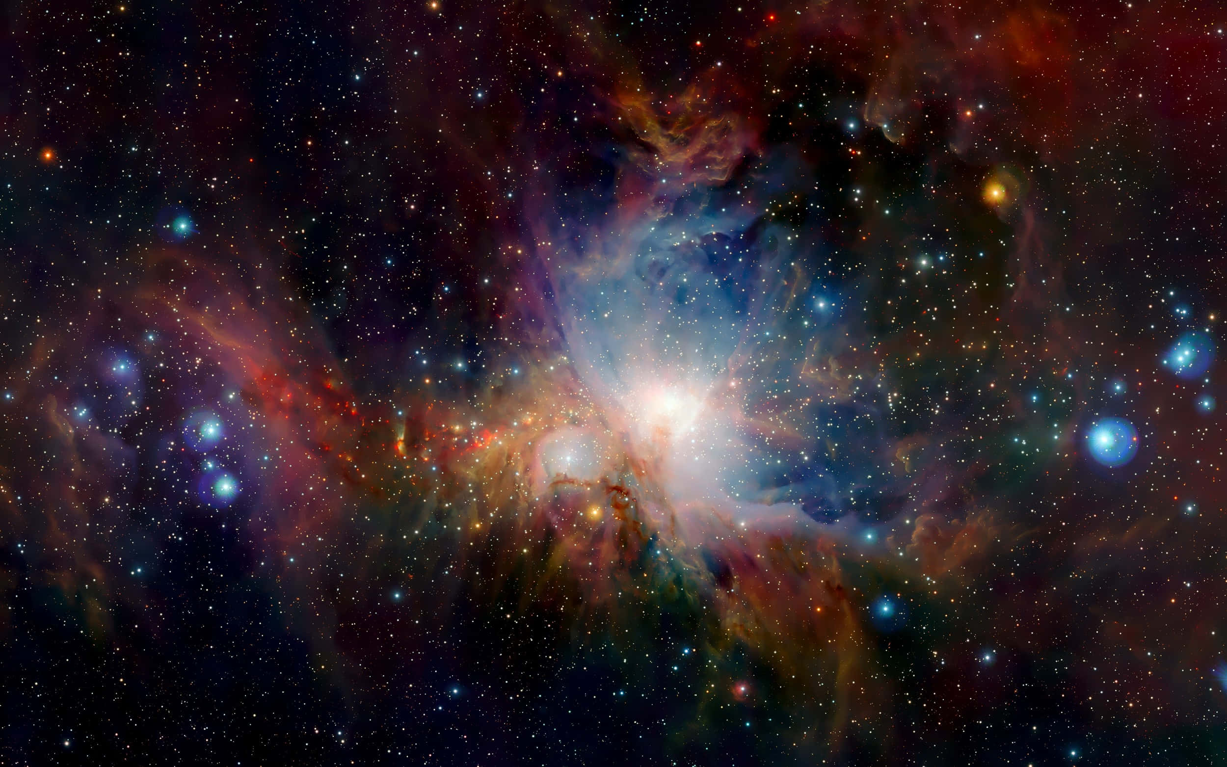 高解析度銀河獵戶座星雲背景 壁紙 — 一個充滿活力的宇宙星雲，在星空中散發著旋轉的紅色、藍色和橙色光芒。