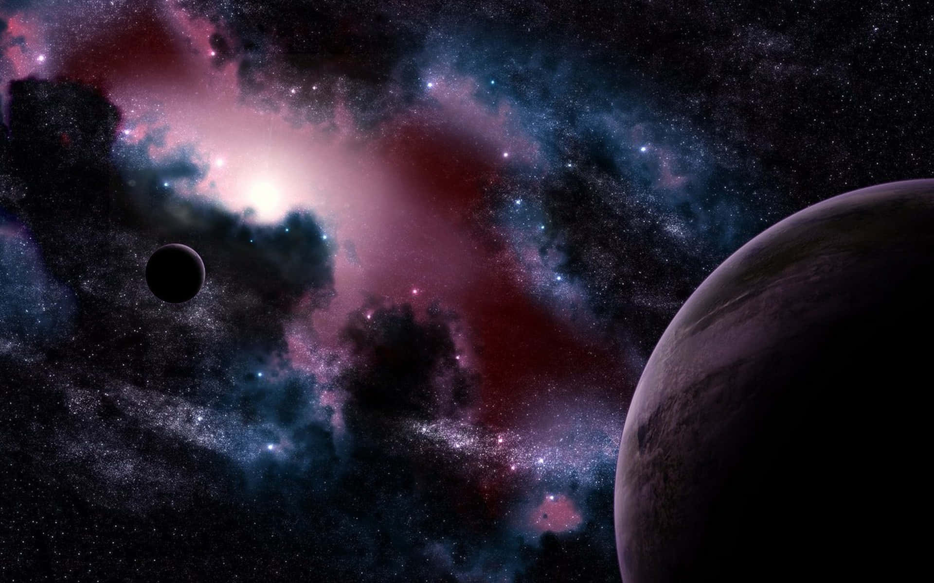 高解析度銀河系暗雲背景 壁紙 — 一個宇宙景觀，包含一個發出粉紅色和藍色光芒的星雲、兩顆行星以及深空中無數的恆星。