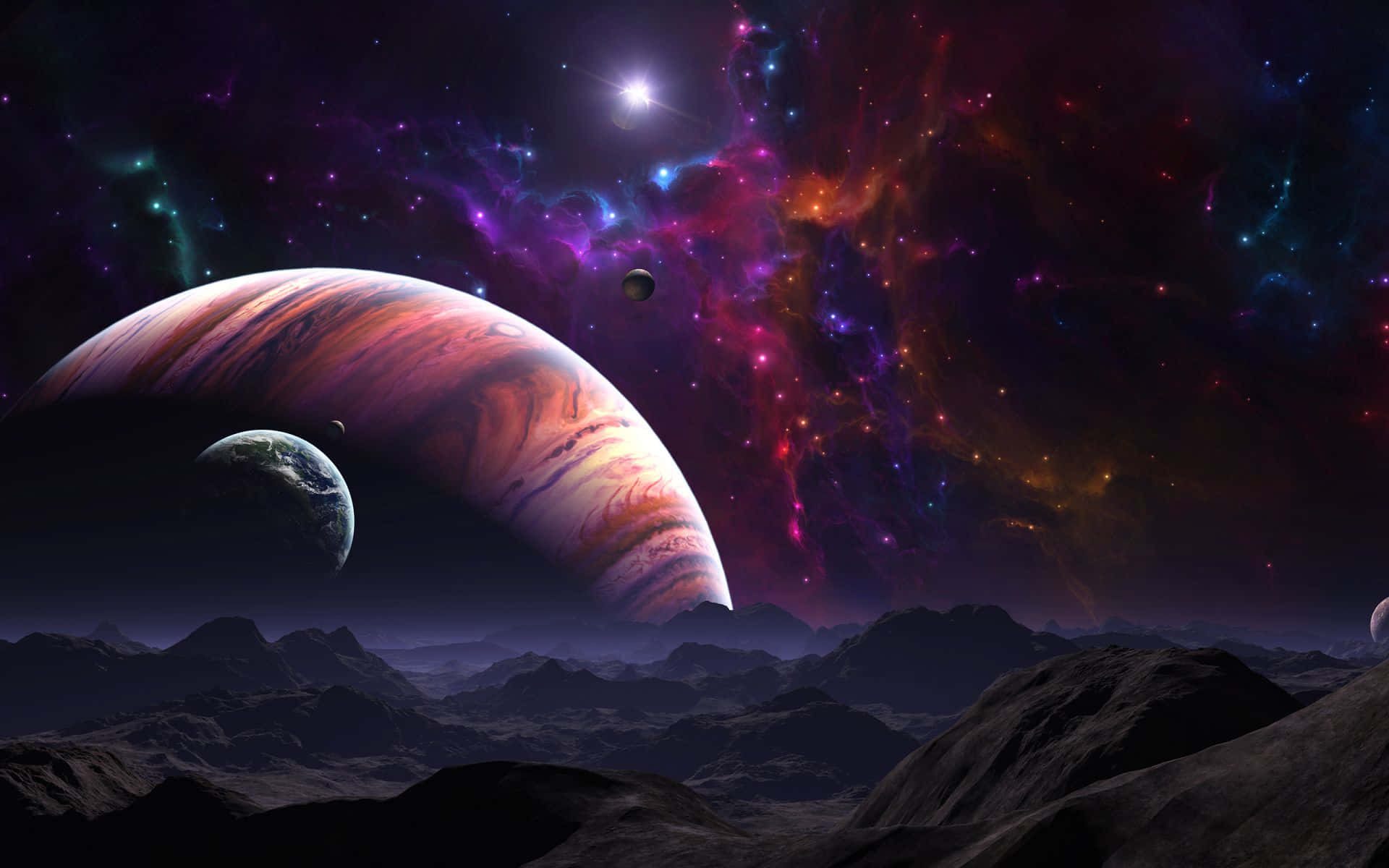 高解析度銀河系木星背景 壁紙 — 一個岩石外星景觀仰望一顆巨大的條紋行星和一個發光的星雲，在繁星點點的宇宙天空下。