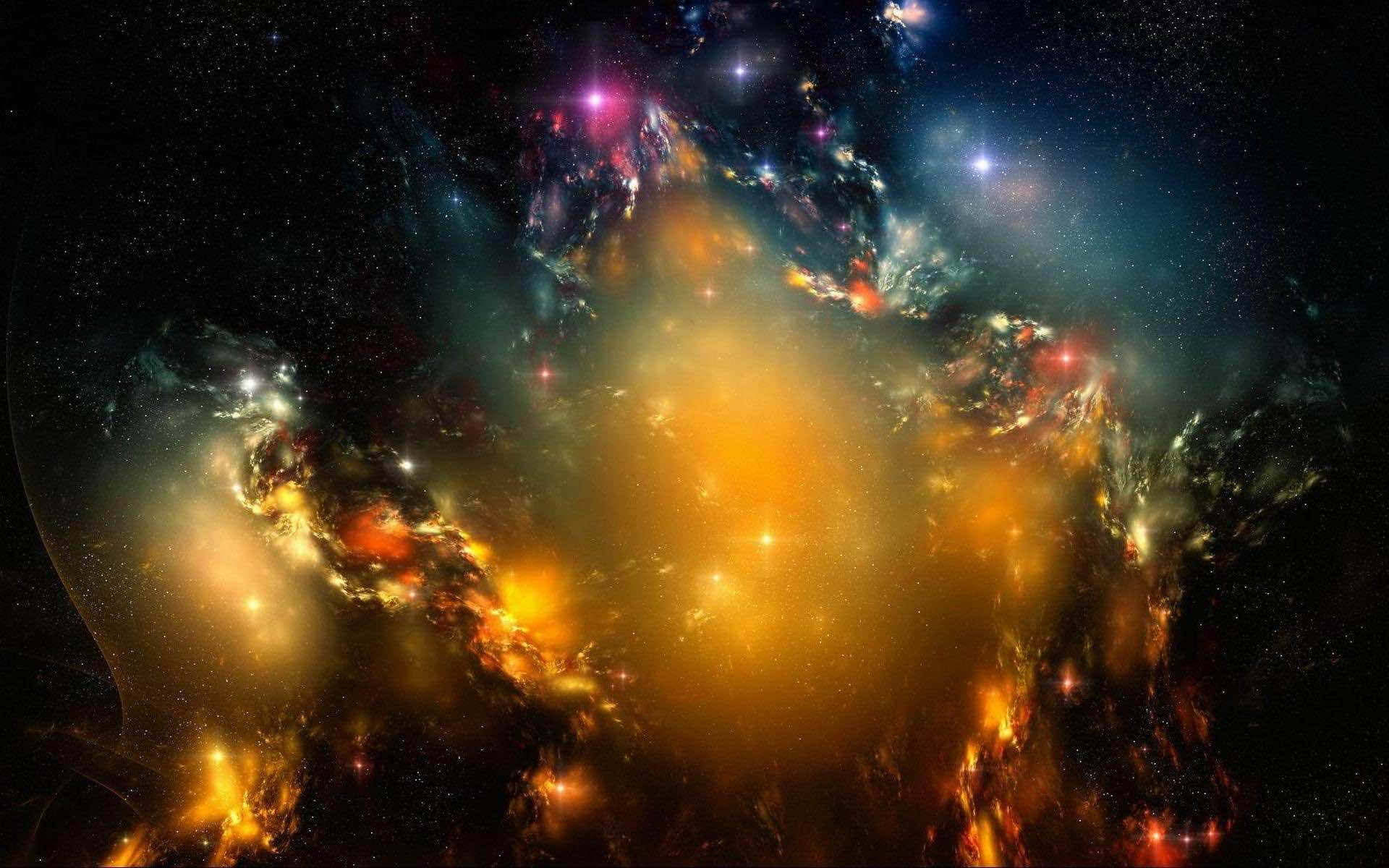 高解析度銀河系金光背景 壁紙 — 一個充滿活力的宇宙星雲，在佈滿星星的黑色虛空中，旋轉著火熱的橙色和冷藍色。