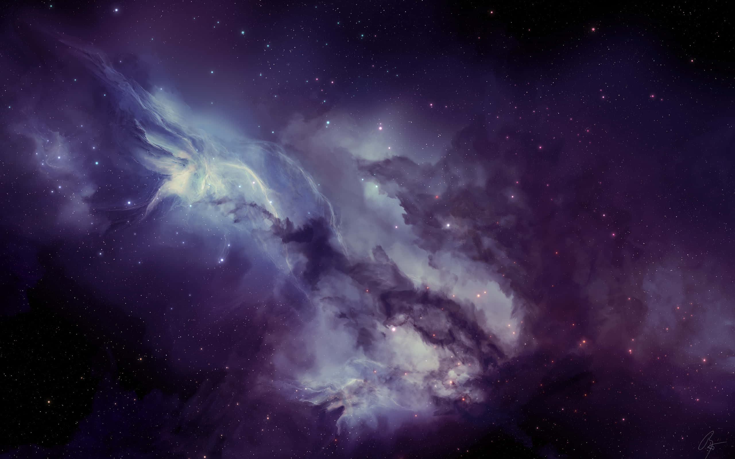 高解析度銀河系黑暗太空背景 壁紙 — 宇宙星雲在深紫色和發光藍色中旋轉，背景是外太空的星場。