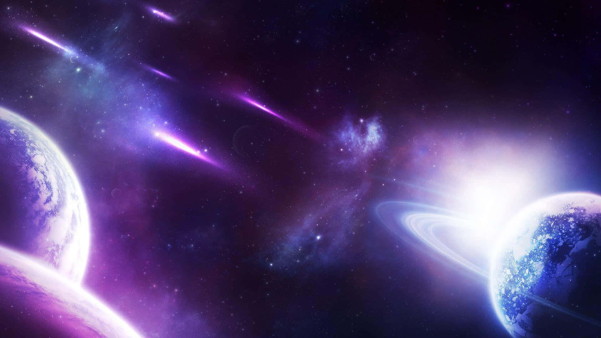 高解析度銀河紫色行星背景 壁紙 — 充滿活力的紫色和藍色宇宙場景，發光的行星環和流星在繁星點點的星雲中劃過。